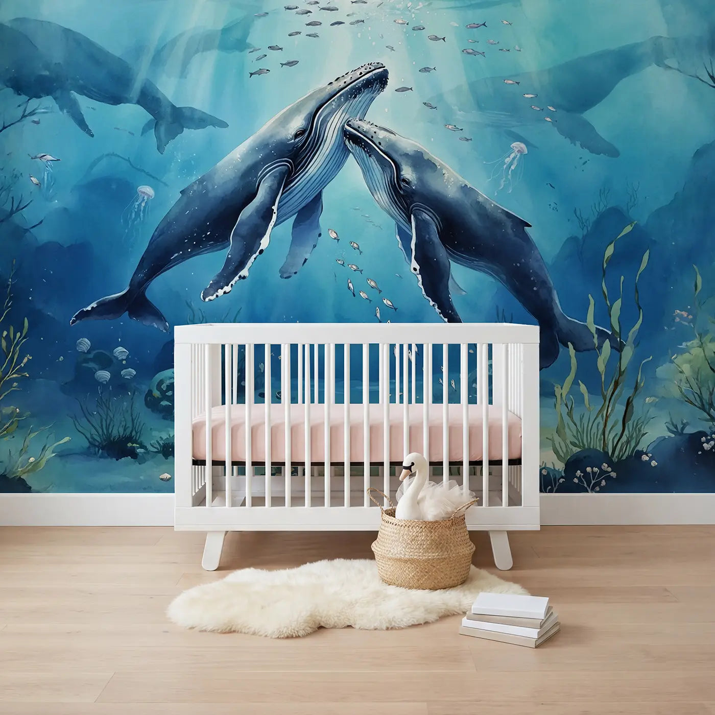 watercolor baby whales ocean underwater wallpaper mural for nursery by Whimsy Tots