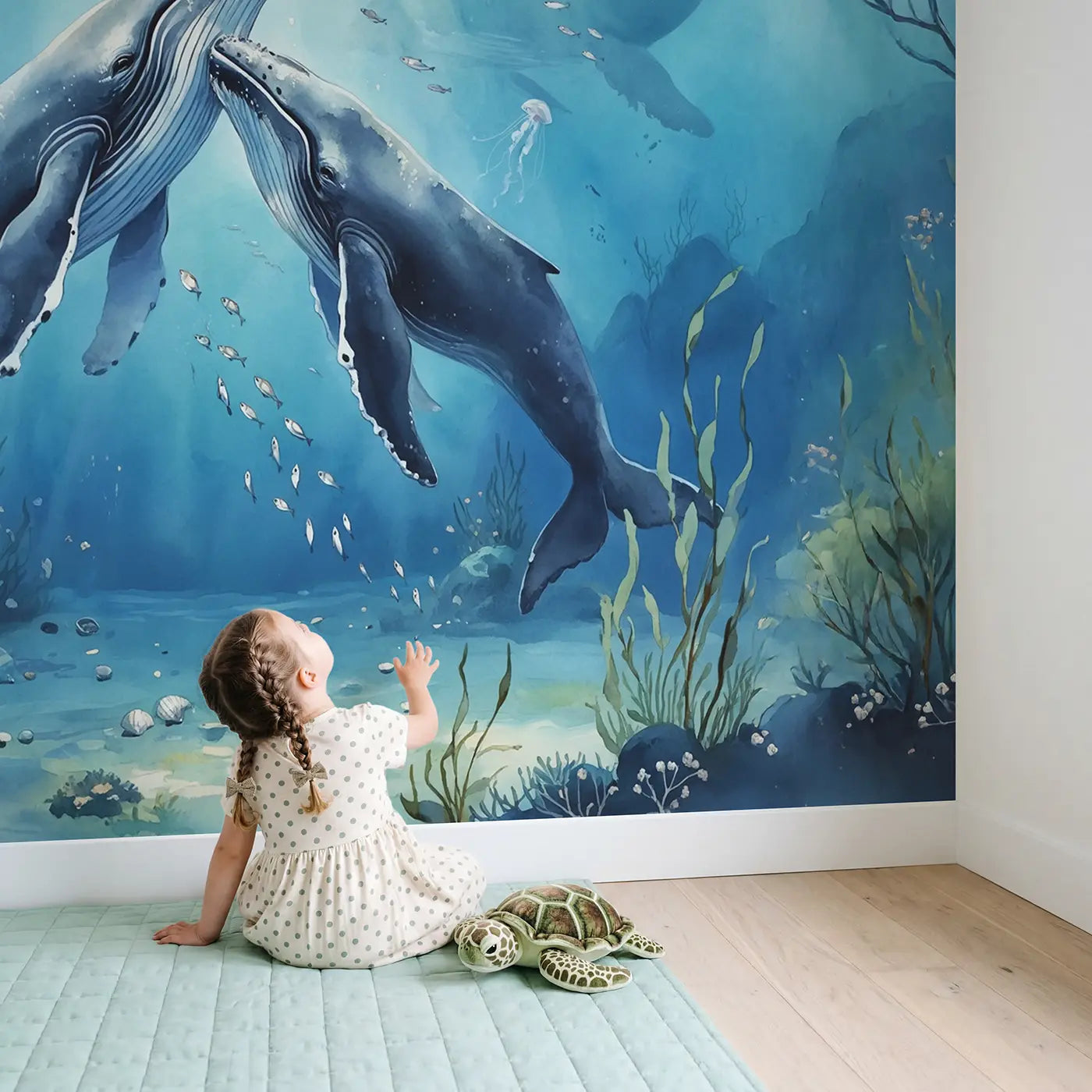 Child in nursery with Baby Whale Nursery Wallpaper Mural by Whimsy Tots