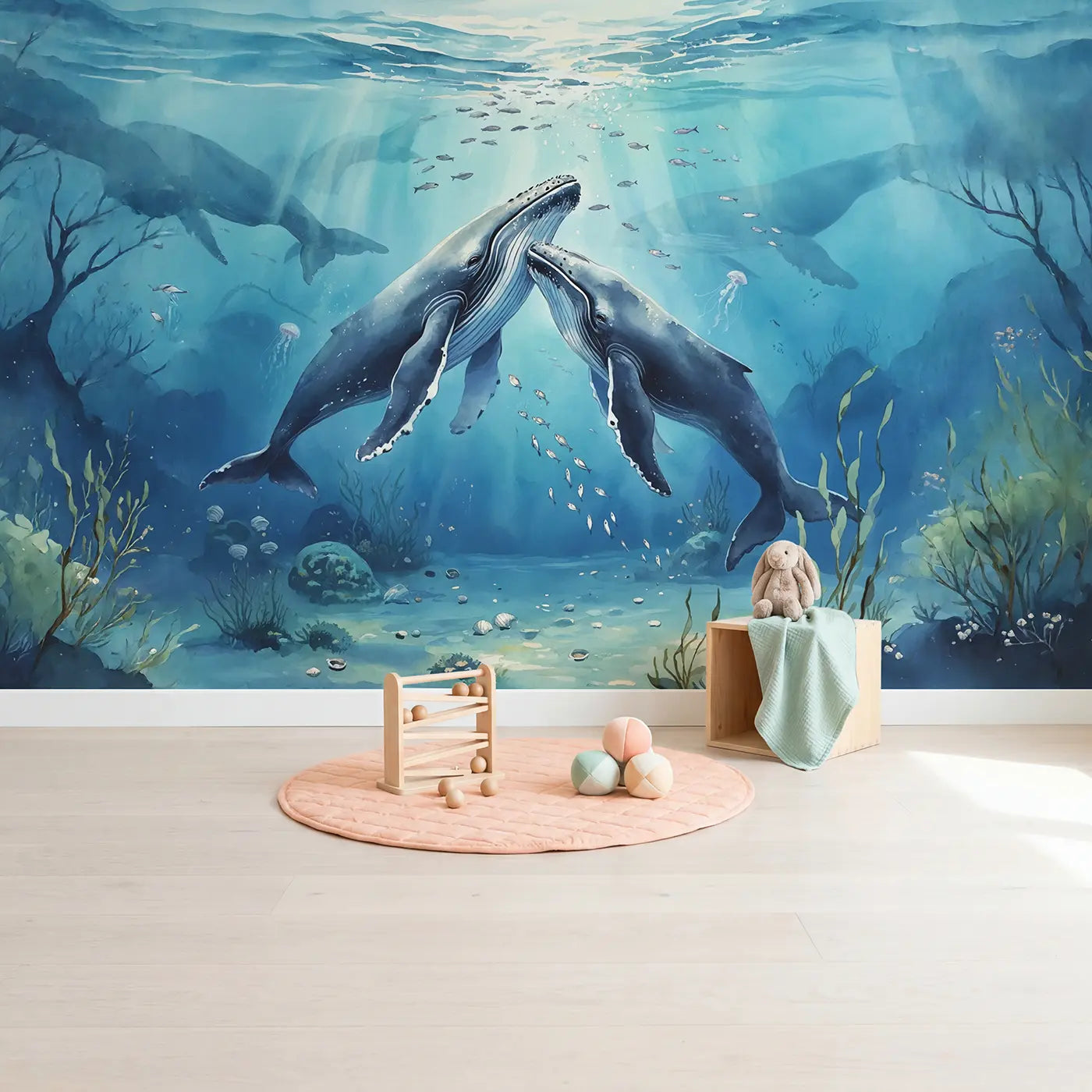 Baby Whale Nursery Wallpaper Mural in playroom setting by Whimsy Tots
