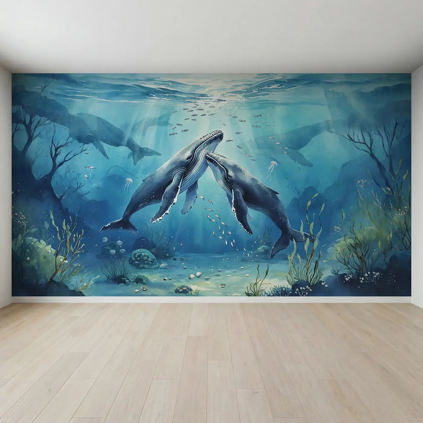 Full view of Baby Whale Nursery Wallpaper Mural by Whimsy Tots