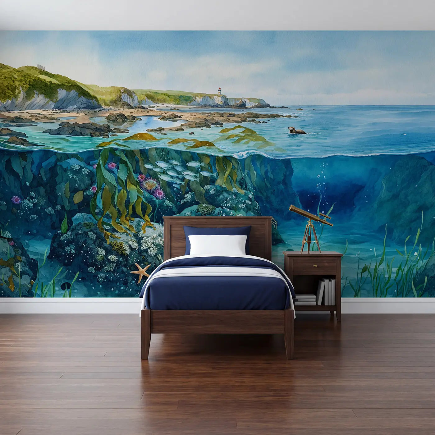 Watercolor coastal shelf cross section coral wallpaper mural for kids room by Whimsy Tots