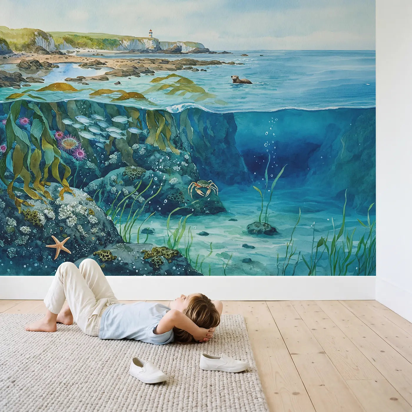 Child in nursery with Coastal Shelf Cross Section Wallpaper Mural by Whimsy Tots
