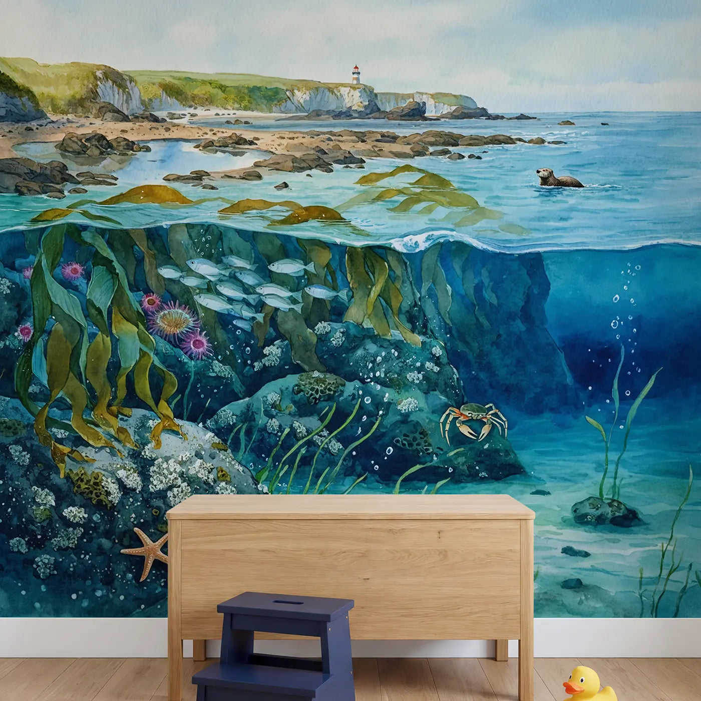 Coastal Shelf Cross Section Wallpaper Mural in playroom setting by Whimsy Tots