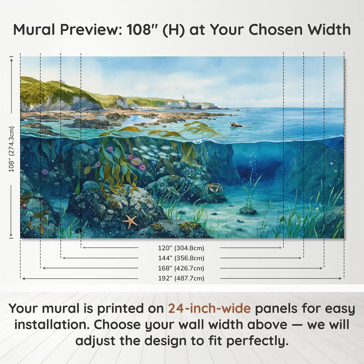 Panel layout and dimensions for Coastal Shelf Cross Section Wallpaper Mural by Whimsy Tots