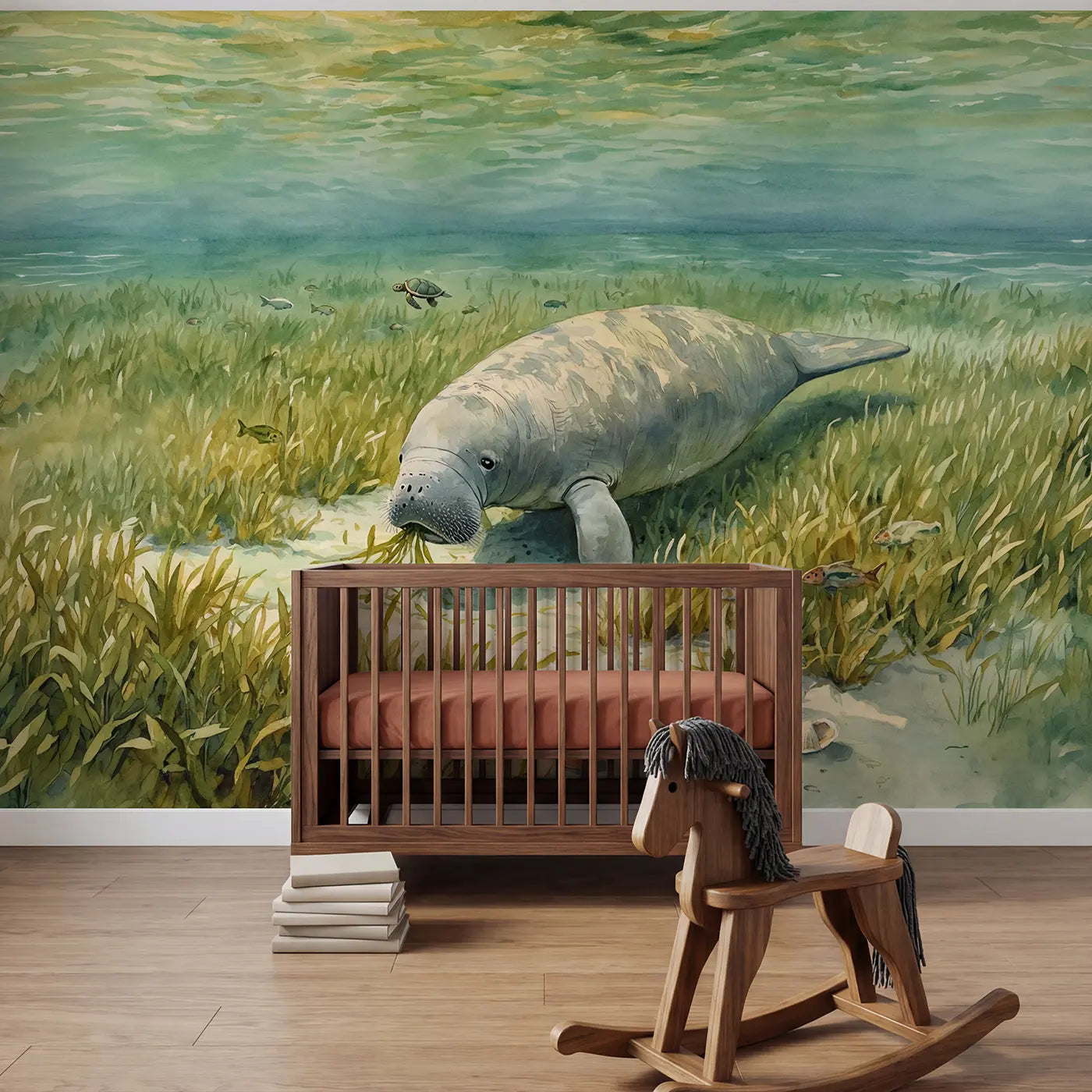 watercolor gentle manatee sea grass meadow wallpaper mural for kids room by Whimsy Tots
