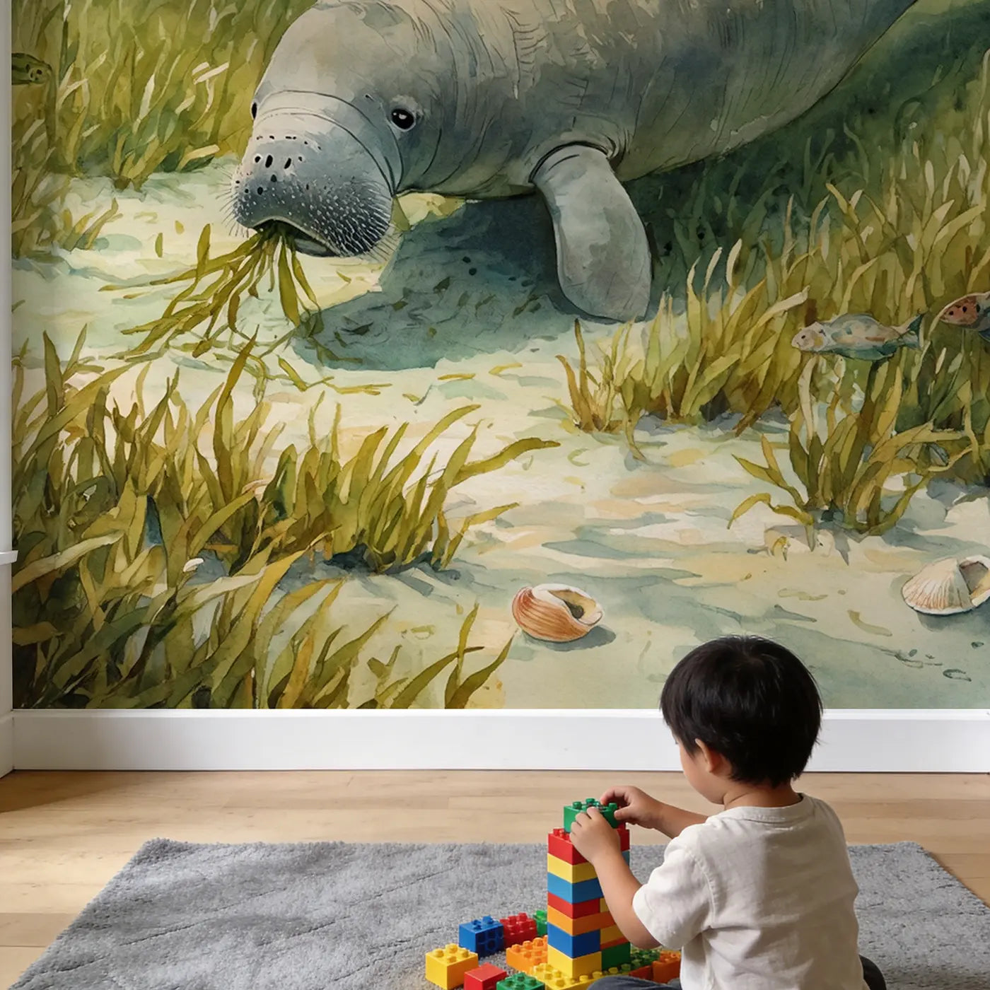 Child in nursery with Gentle Manatee Sea Grass Wallpaper Mural by Whimsy Tots