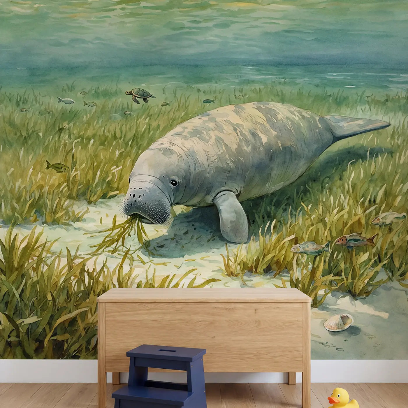 Gentle Manatee Sea Grass Wallpaper Mural in playroom setting by Whimsy Tots