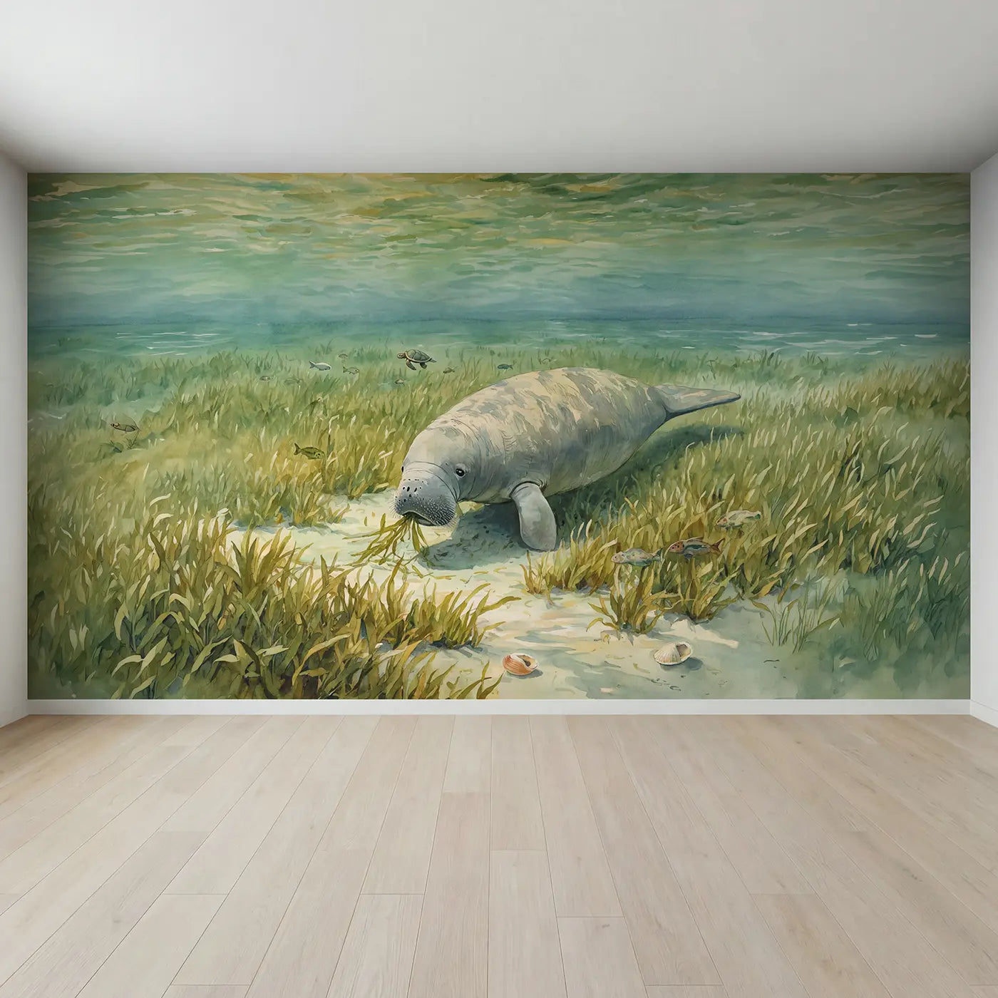 Full view of Gentle Manatee Sea Grass Wallpaper Mural by Whimsy Tots