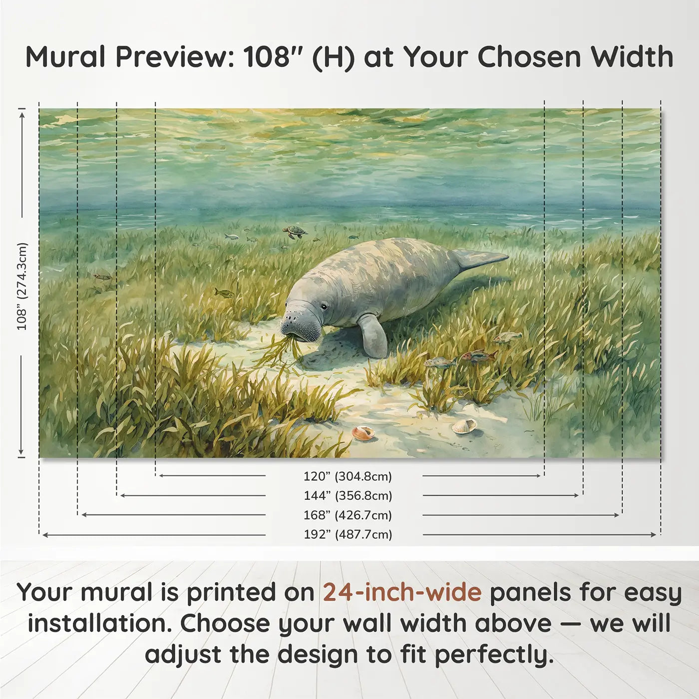 Panel layout and dimensions for Gentle Manatee Sea Grass Wallpaper Mural by Whimsy Tots
