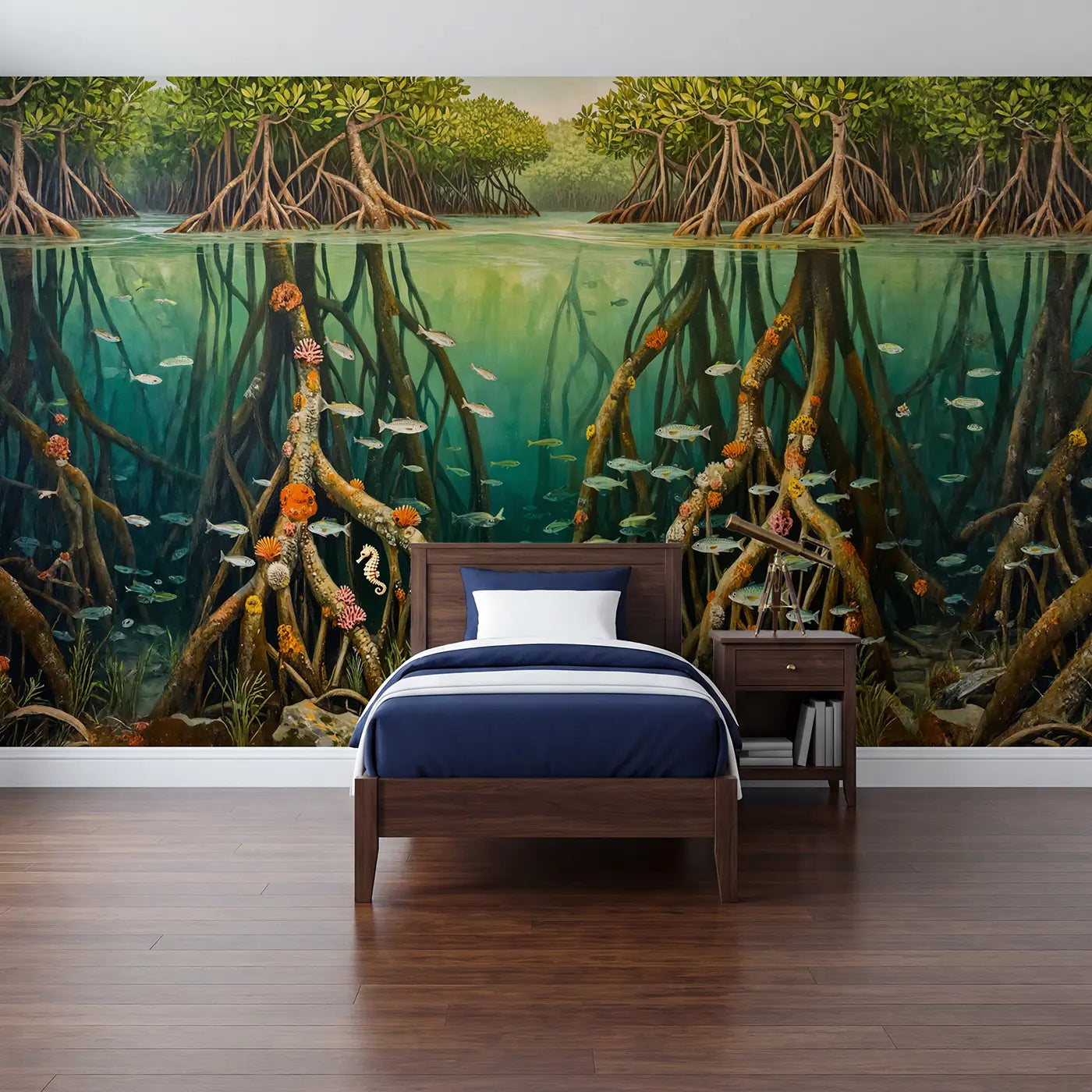 Painted landscape mangrove root reef wallpaper mural for nursery by Whimsy Tots