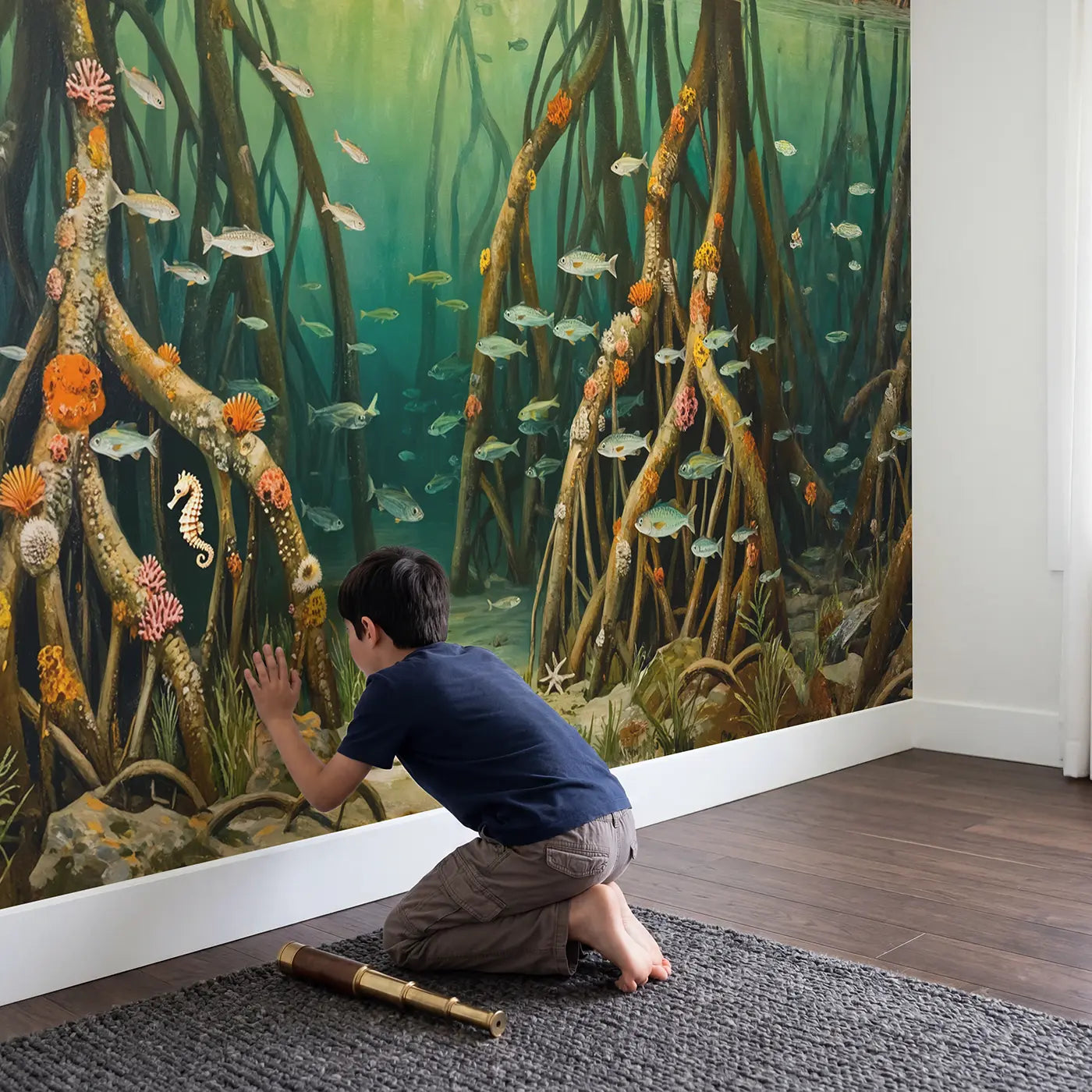 Child in nursery with Mangrove Root Reef Wallpaper Mural by Whimsy Tots