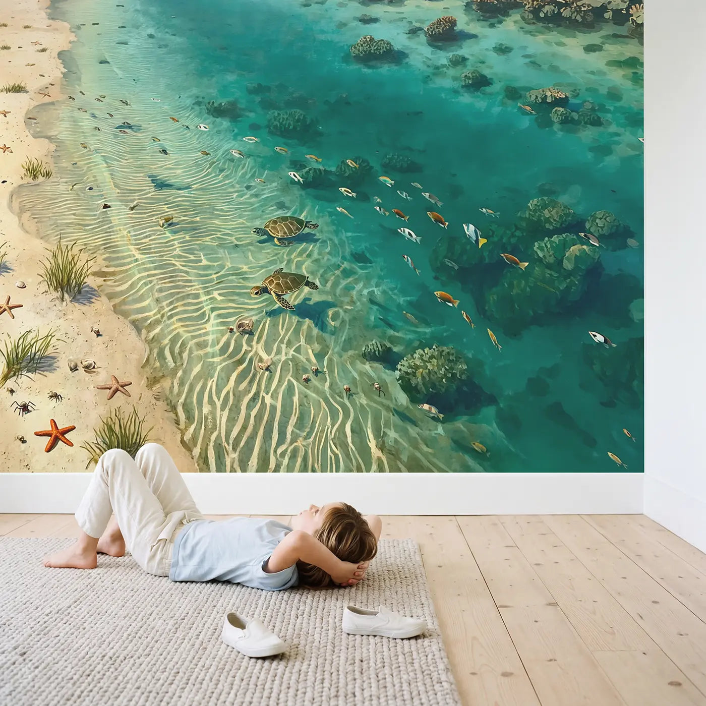 Child in nursery with Crystal Lagoon Floor Wallpaper Mural by Whimsy Tots