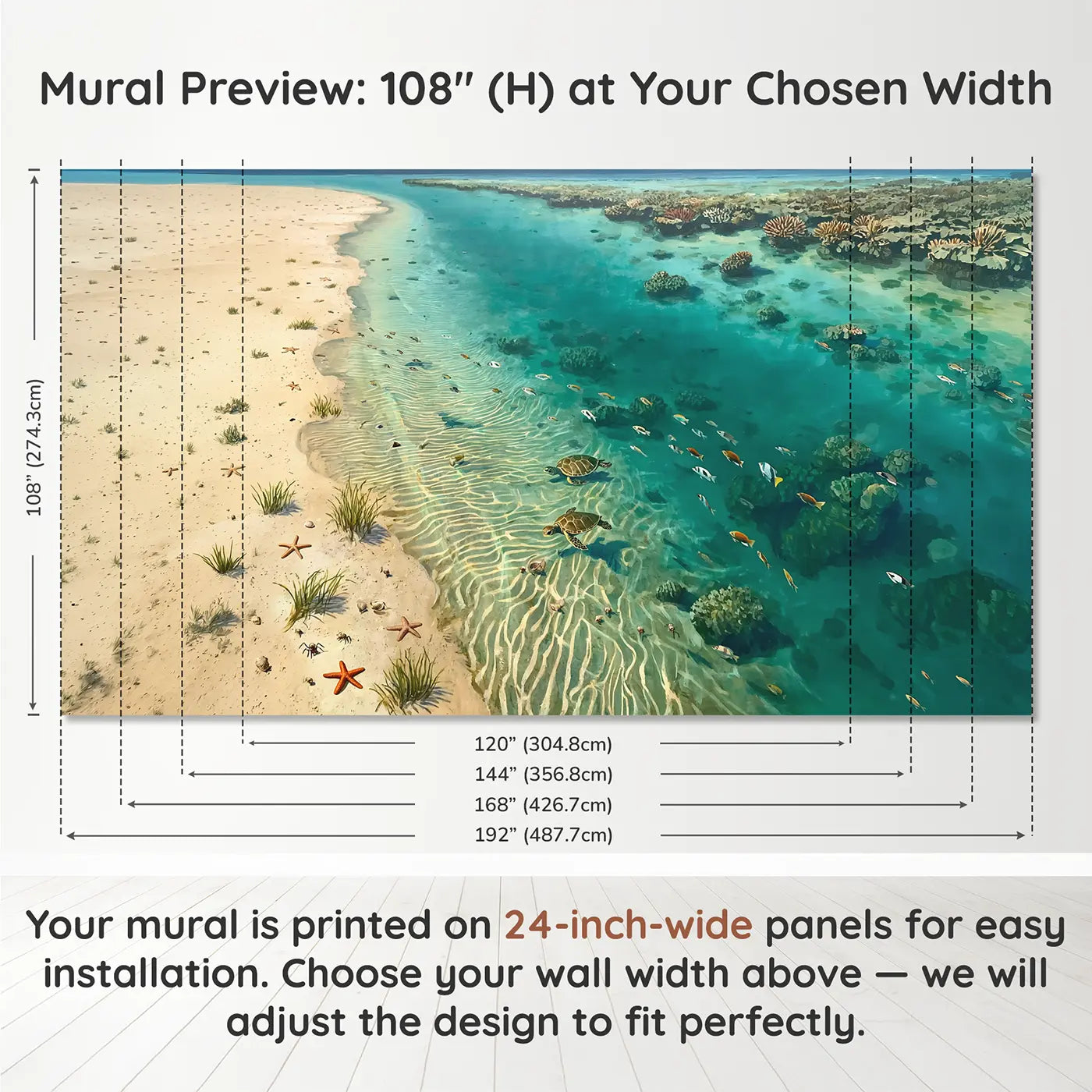 Panel layout and dimensions for Crystal Lagoon Floor Wallpaper Mural by Whimsy Tots