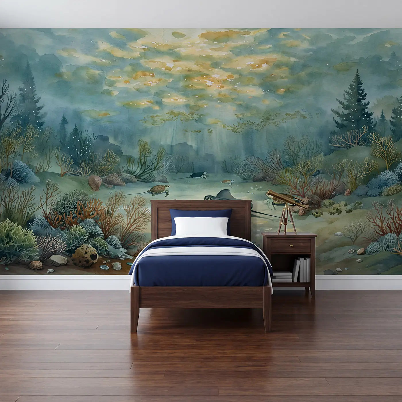 Watercolor ray turtle sandy ocean floor wallpaper mural for kids room by Whimsy Tots