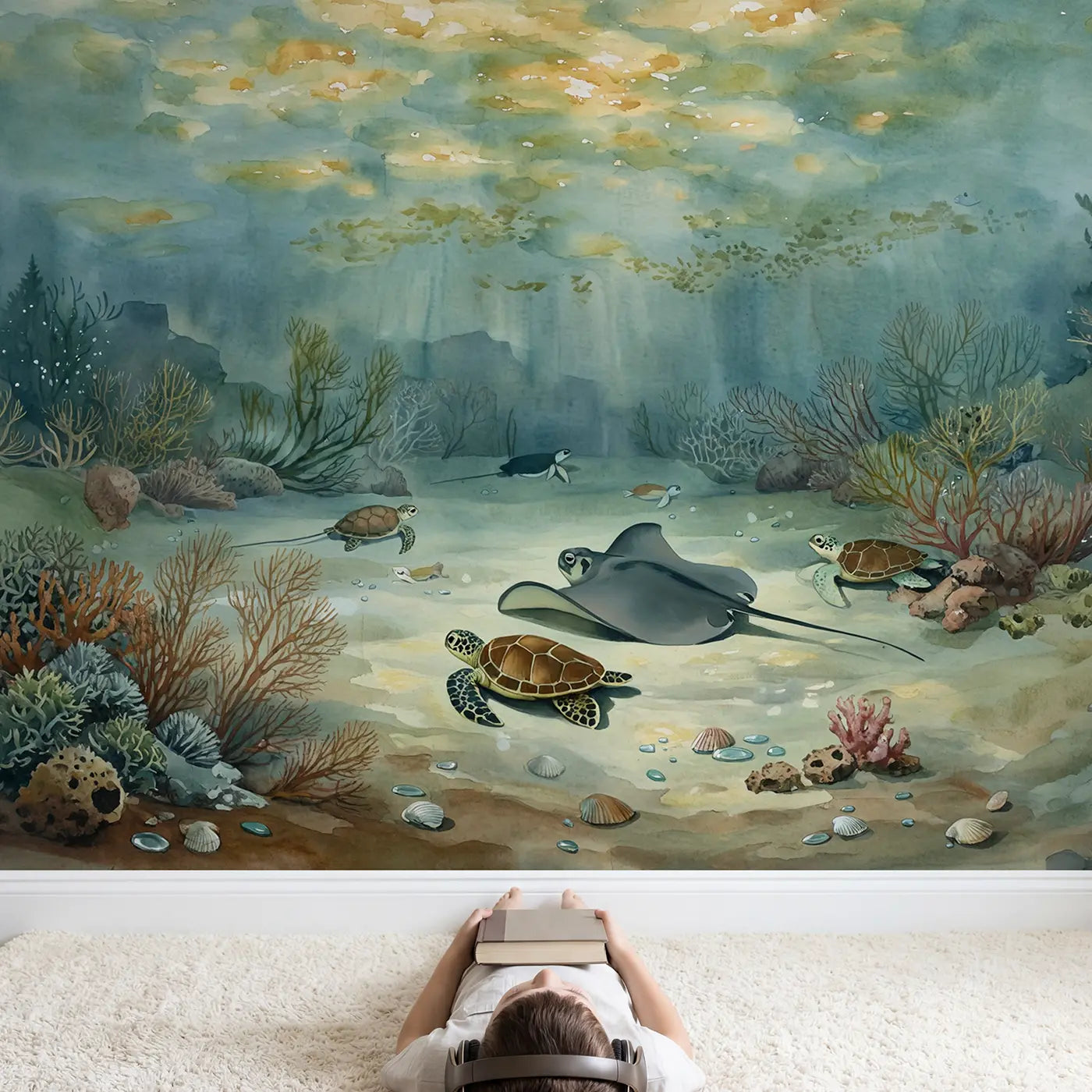 Child in nursery with Ray Turtle Resting Sandy Wallpaper Mural by Whimsy Tots