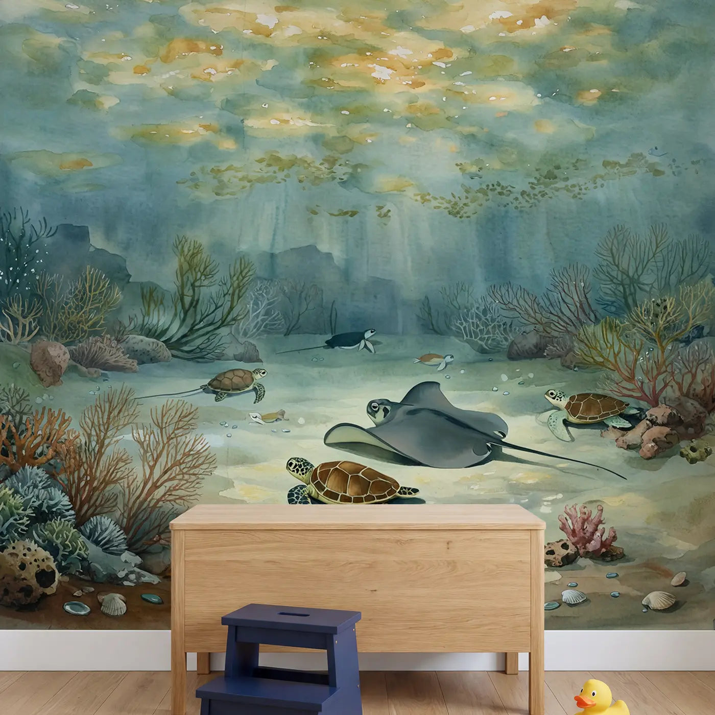 Ray Turtle Resting Sandy Wallpaper Mural in playroom setting by Whimsy Tots