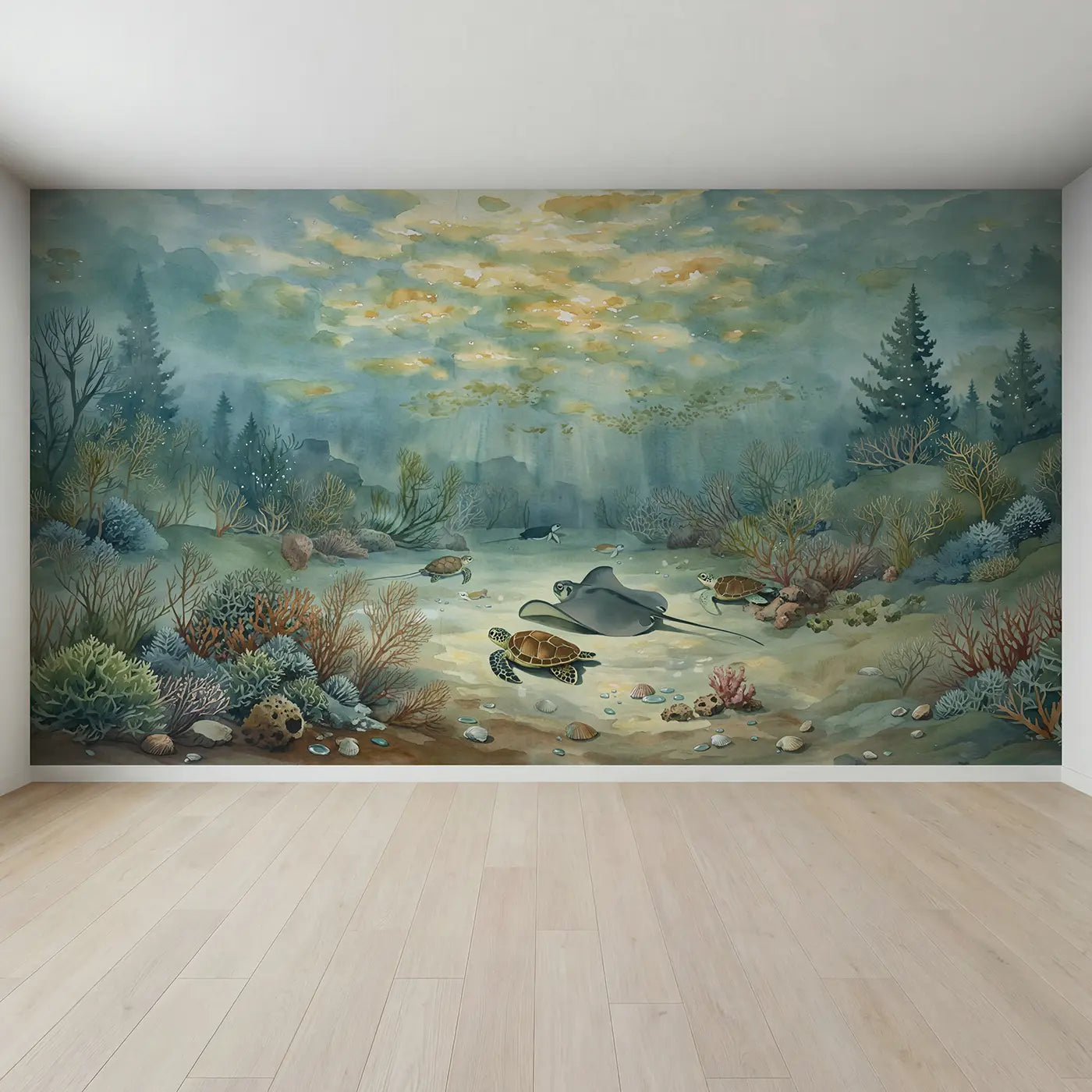 Full view of Ray Turtle Resting Sandy Wallpaper Mural by Whimsy Tots