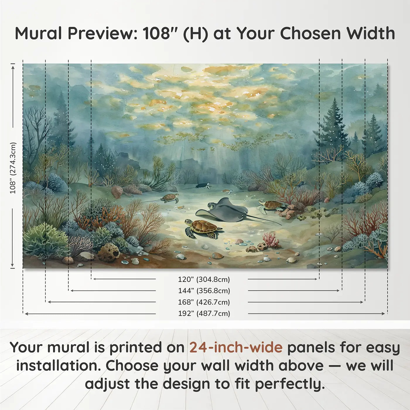 Panel layout and dimensions for Ray Turtle Resting Sandy Wallpaper Mural by Whimsy Tots