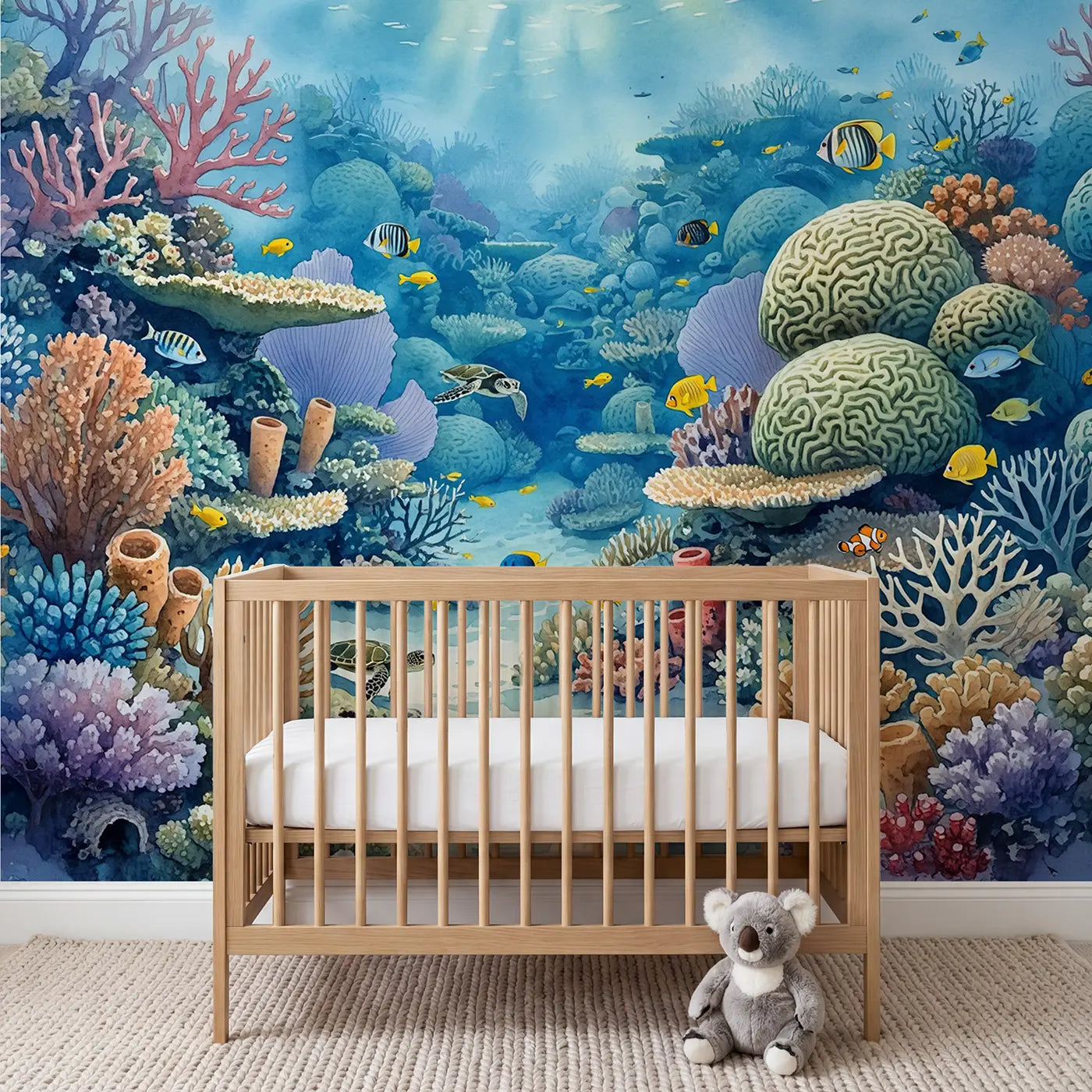 watercolor tropical coral reef mural for kids room by Whimsy Tots