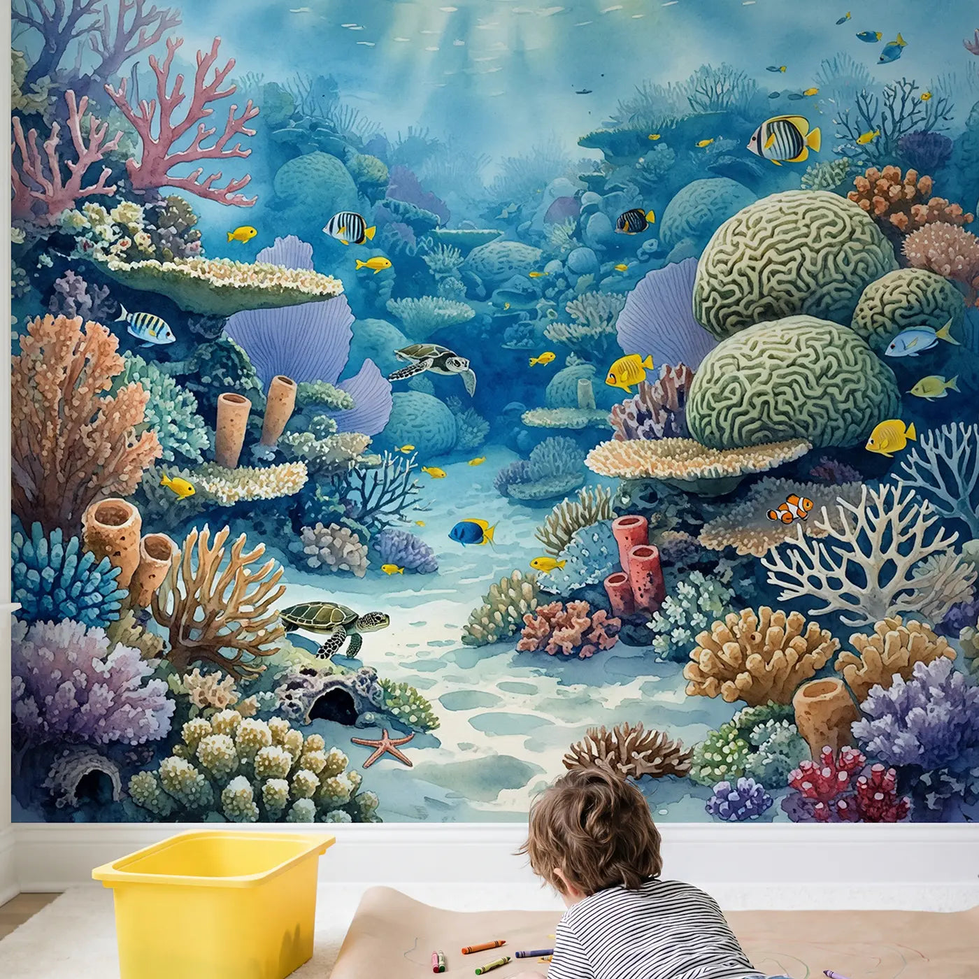 Child in nursery with Tropical Coral Reef Panorama Wallpaper Mural by Whimsy Tots