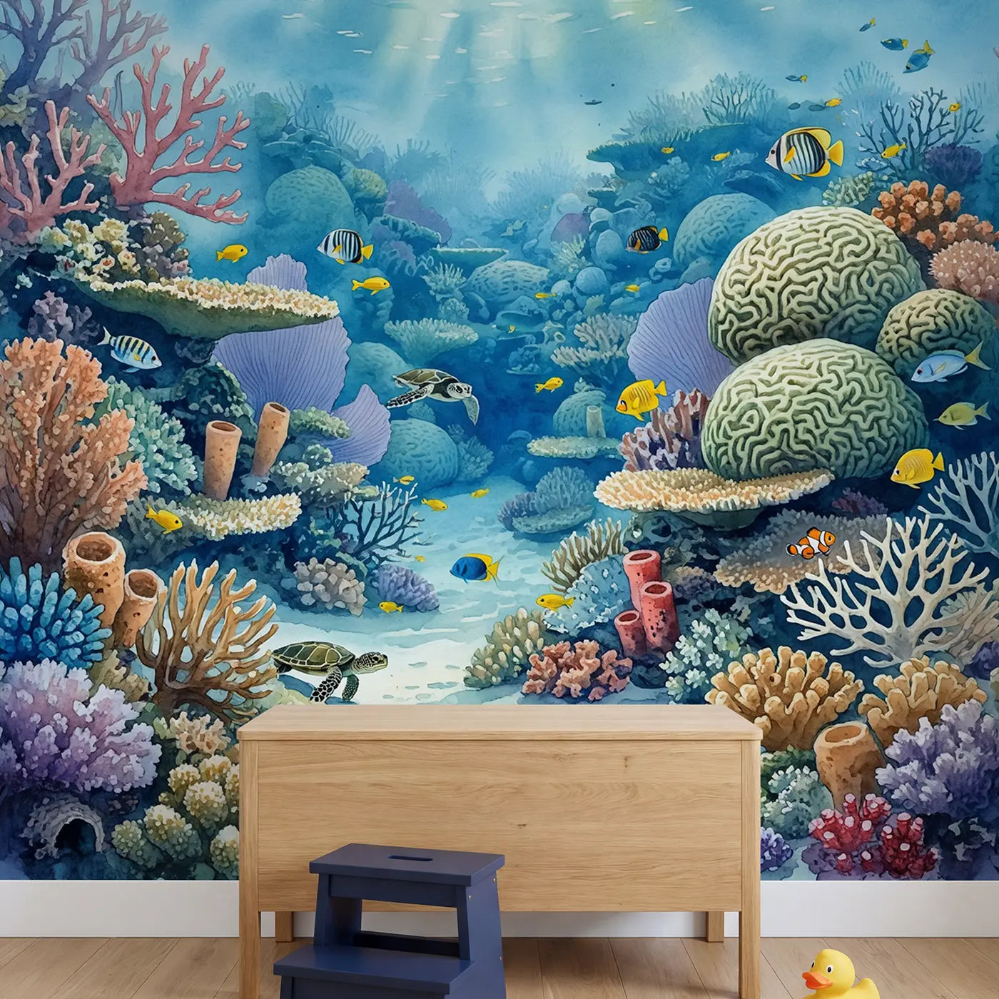 Tropical Coral Reef Panorama Wallpaper Mural in playroom setting by Whimsy Tots