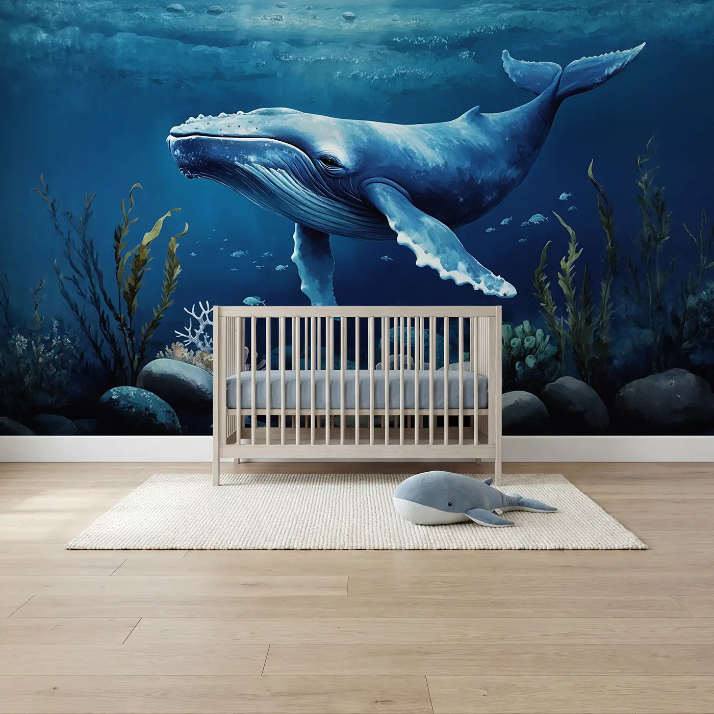 Soft pastel blue whale calm ocean wallpaper mural for kids room by Whimsy Tots