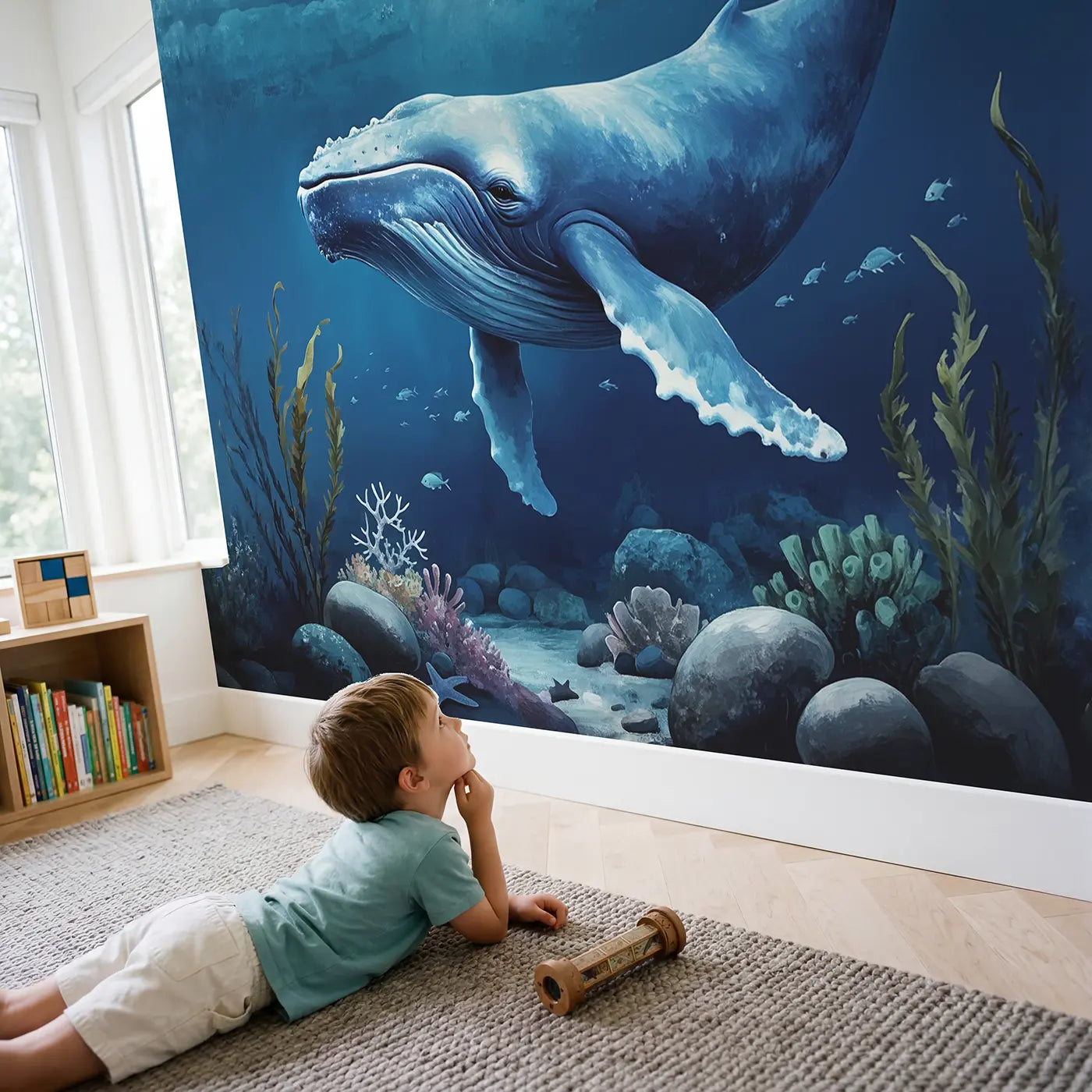 Child in nursery with Gentle Blue Whale Side Wallpaper Mural by Whimsy Tots