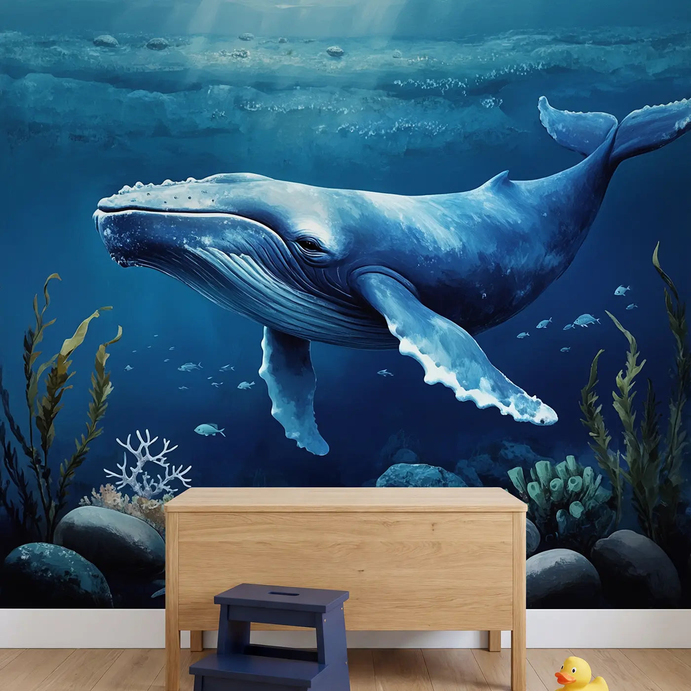 Gentle Blue Whale Side Wallpaper Mural in playroom setting by Whimsy Tots