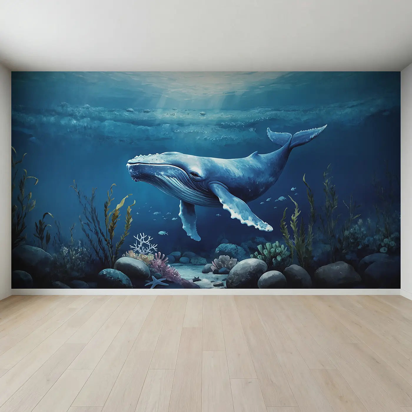 Full view of Gentle Blue Whale Side Wallpaper Mural by Whimsy Tots