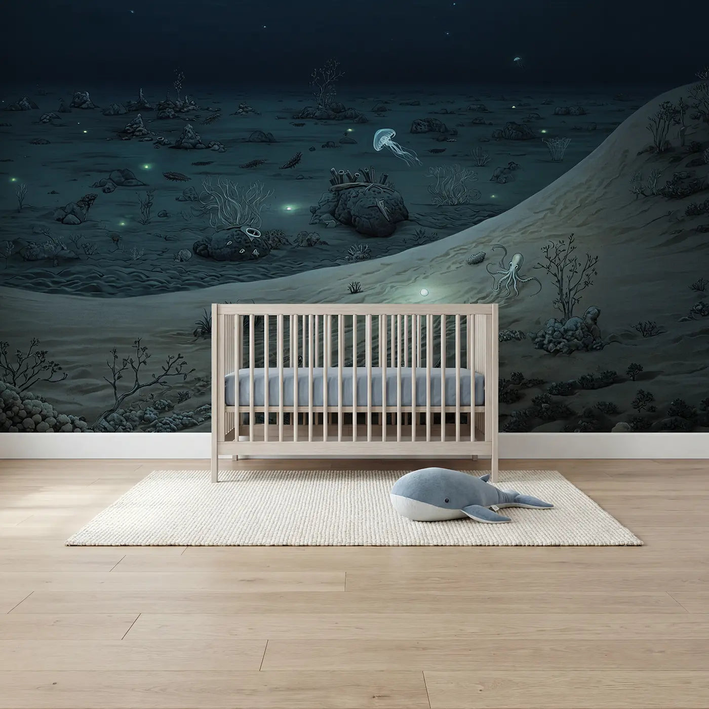 Botanical elegance deep sea creatures on ocean floor wallpaper mural for nursery by Whimsy Tots