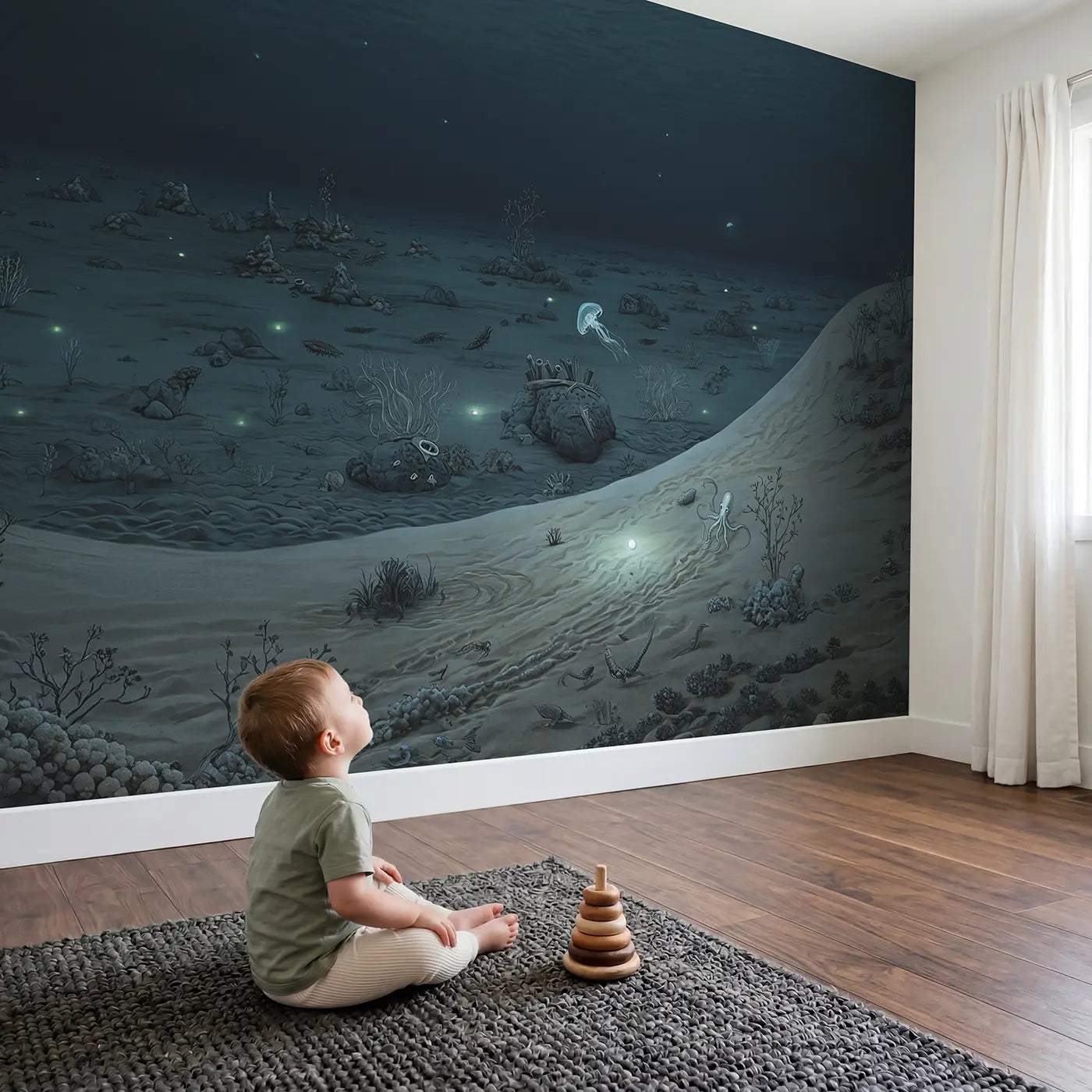 Child in nursery with Deep Sea Plain Creatures Wallpaper Mural by Whimsy Tots
