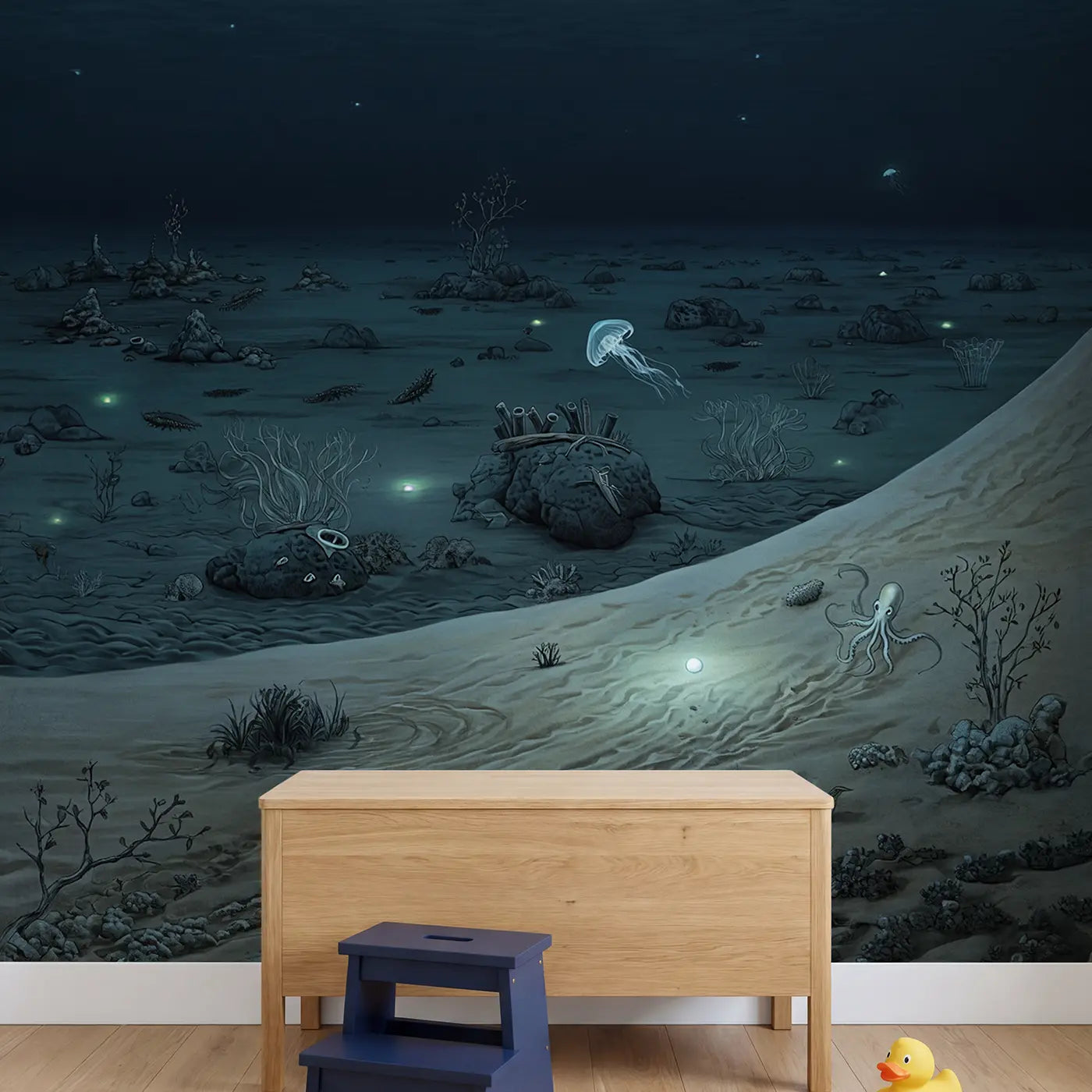 Deep Sea Plain Creatures Wallpaper Mural in playroom setting by Whimsy Tots