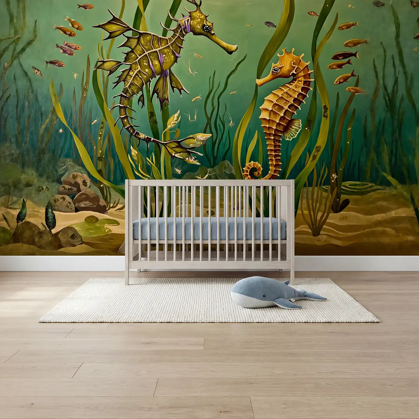 modern illustration sea dragon seahorse underwater garden mural for boys room by Whimsy Tots