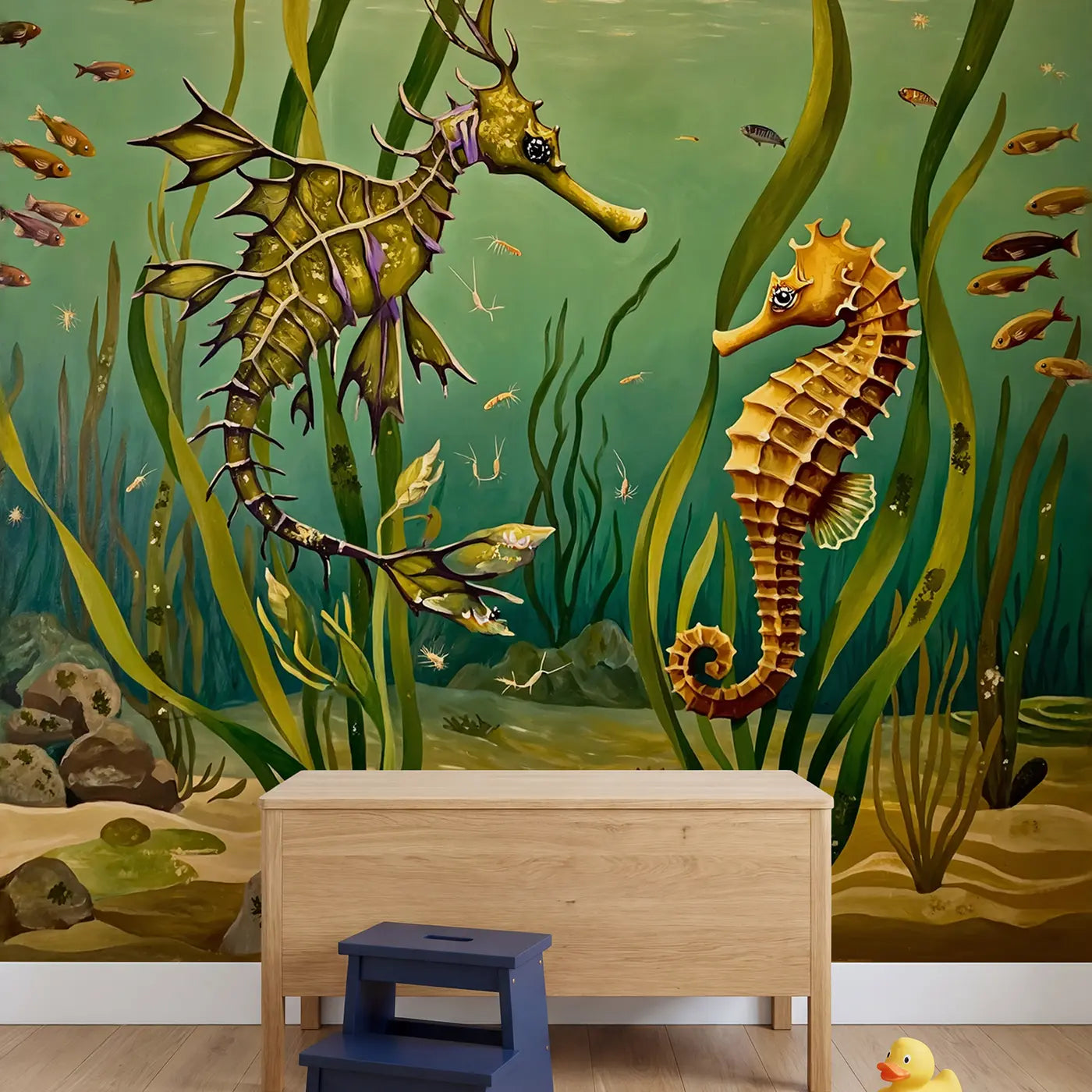 Sea Dragon and Seahorse Garden Wallpaper Mural in playroom setting by Whimsy Tots