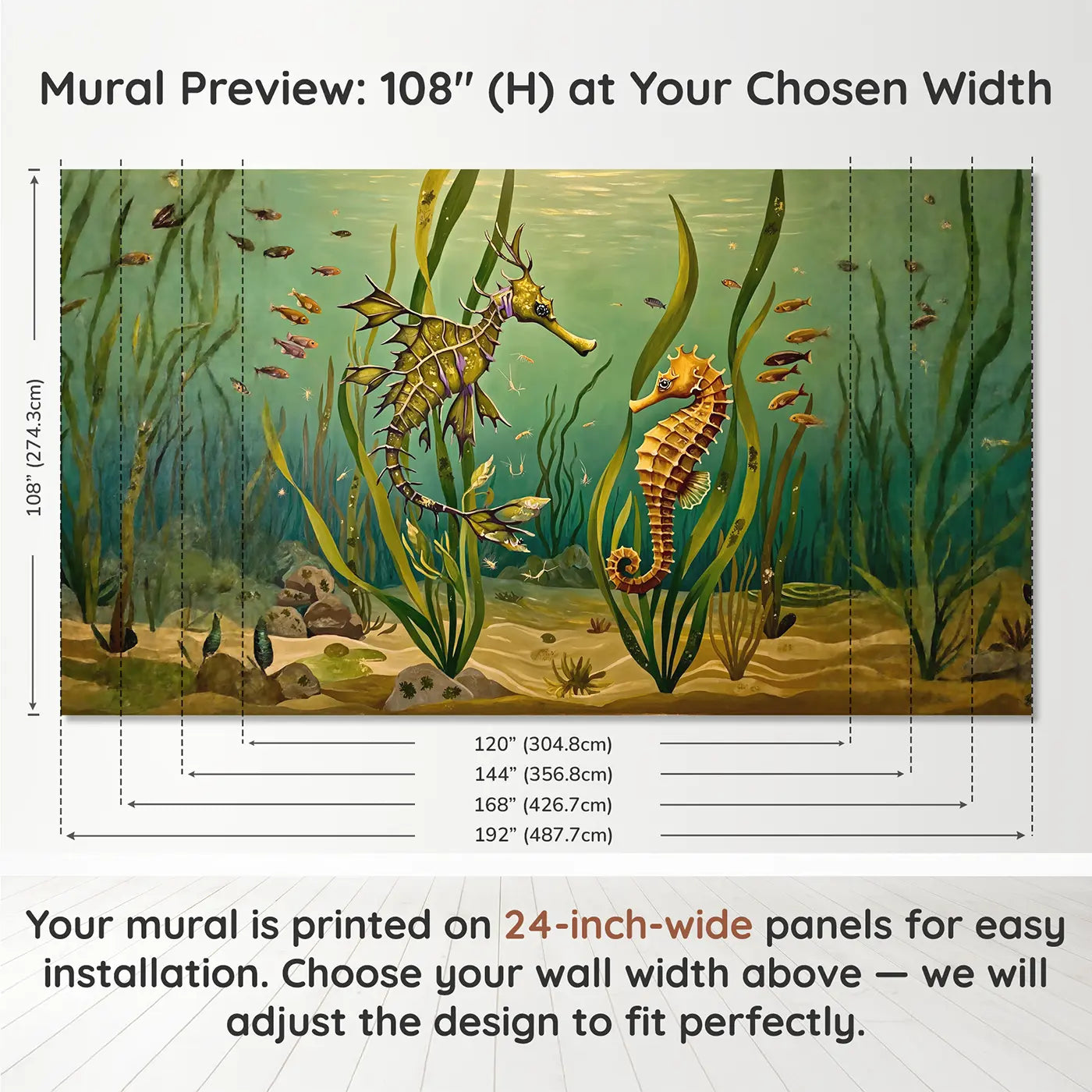 Panel layout and dimensions for Sea Dragon and Seahorse Garden Wallpaper Mural by Whimsy Tots