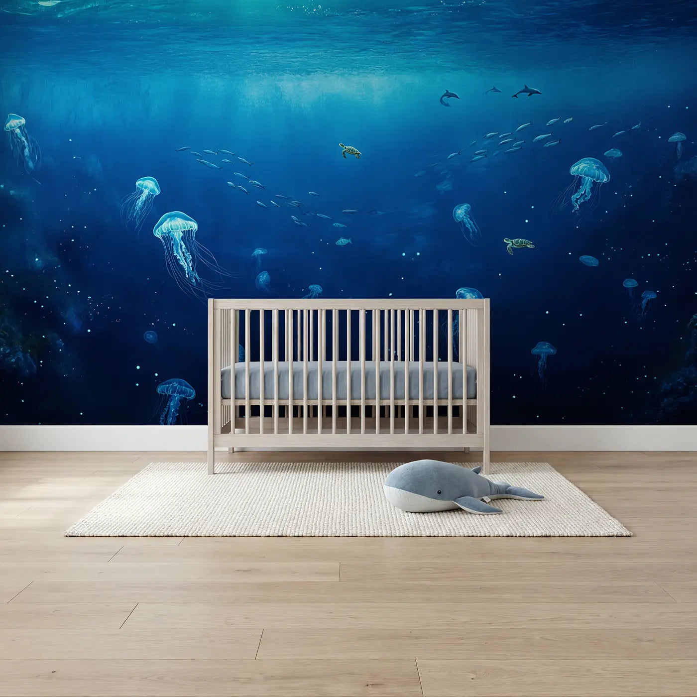 Soft pastel ocean jellyfish sea turtle dolphin wallpaper mural for kids room by Whimsy Tots