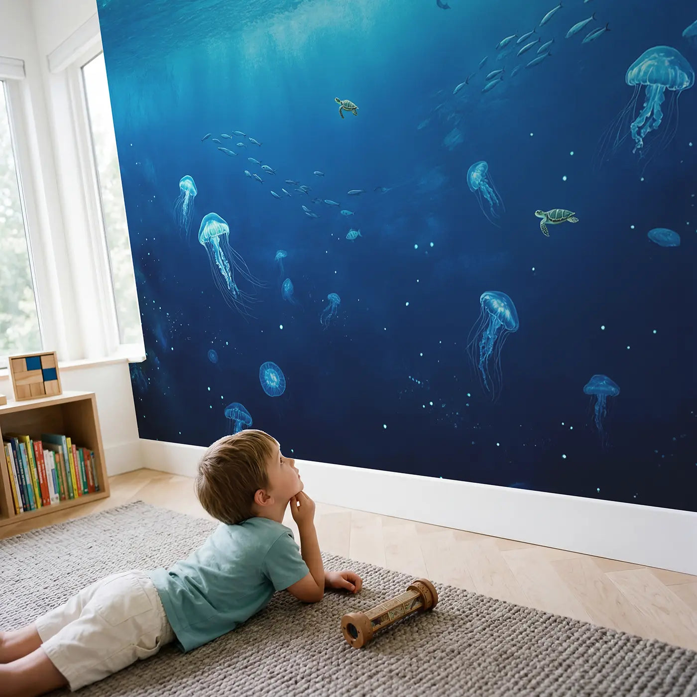 Child in nursery with Infinite Blue Ocean Depth Wallpaper Mural by Whimsy Tots