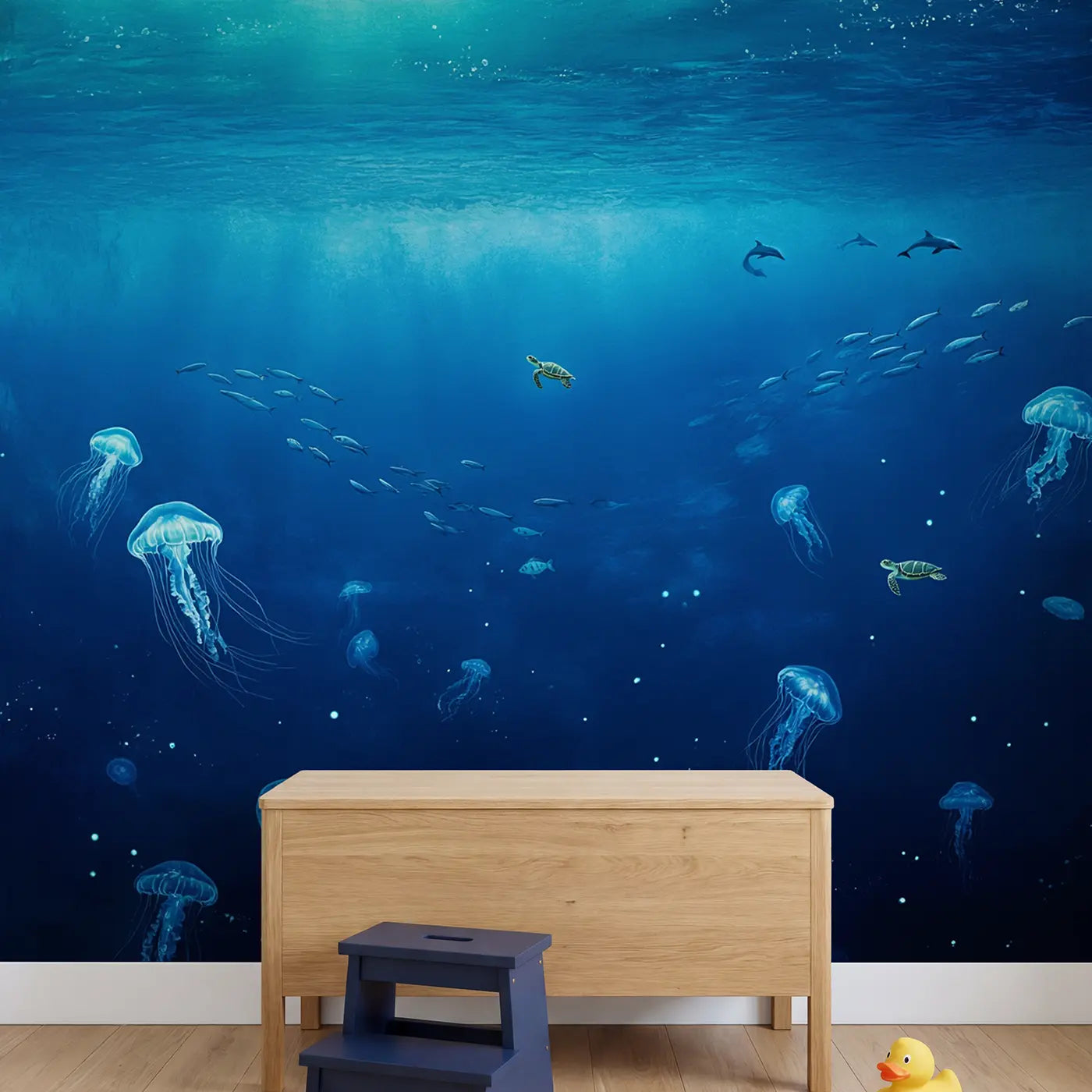 Infinite Blue Ocean Depth Wallpaper Mural in playroom setting by Whimsy Tots
