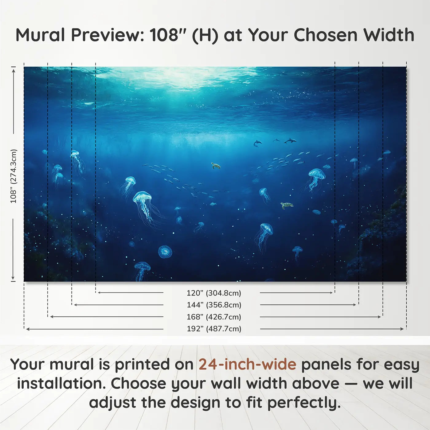 Panel layout and dimensions for Infinite Blue Ocean Depth Wallpaper Mural by Whimsy Tots