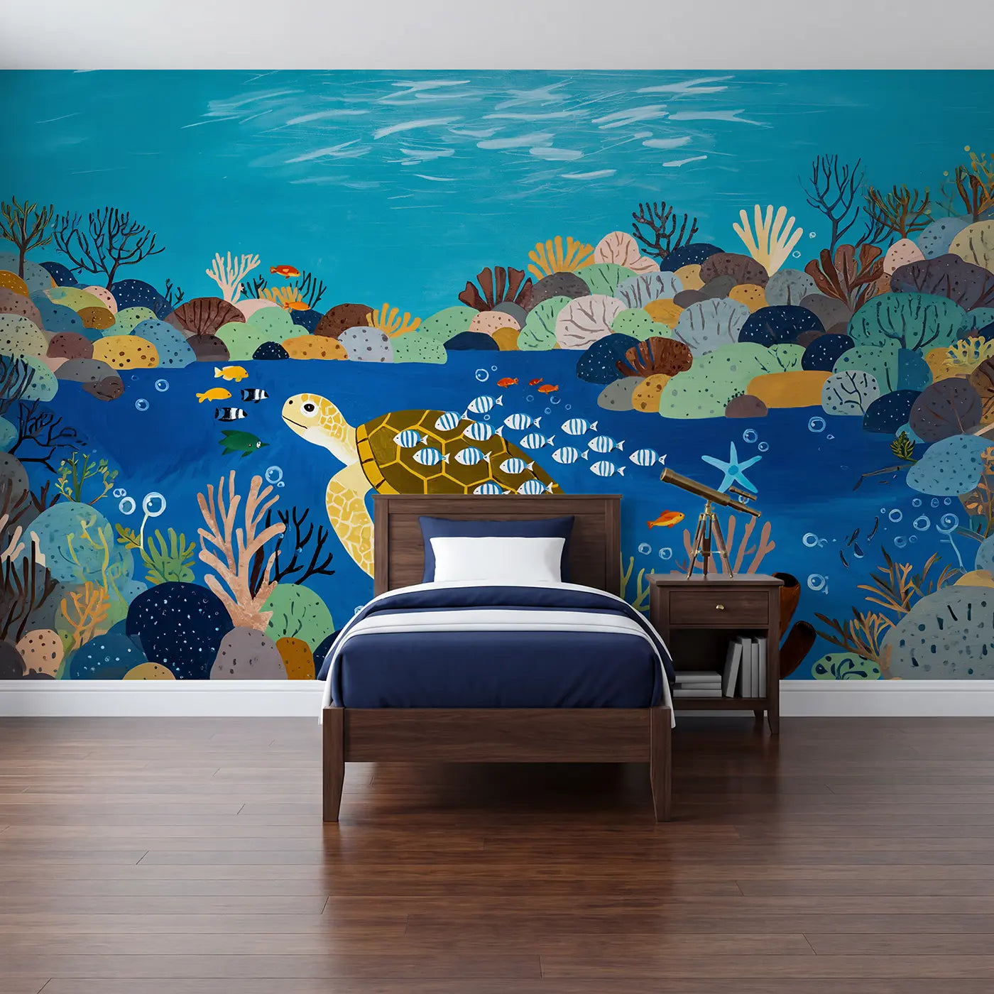 Modern Illustration sea turtle pilot fish journey wallpaper mural for kids room by Whimsy Tots