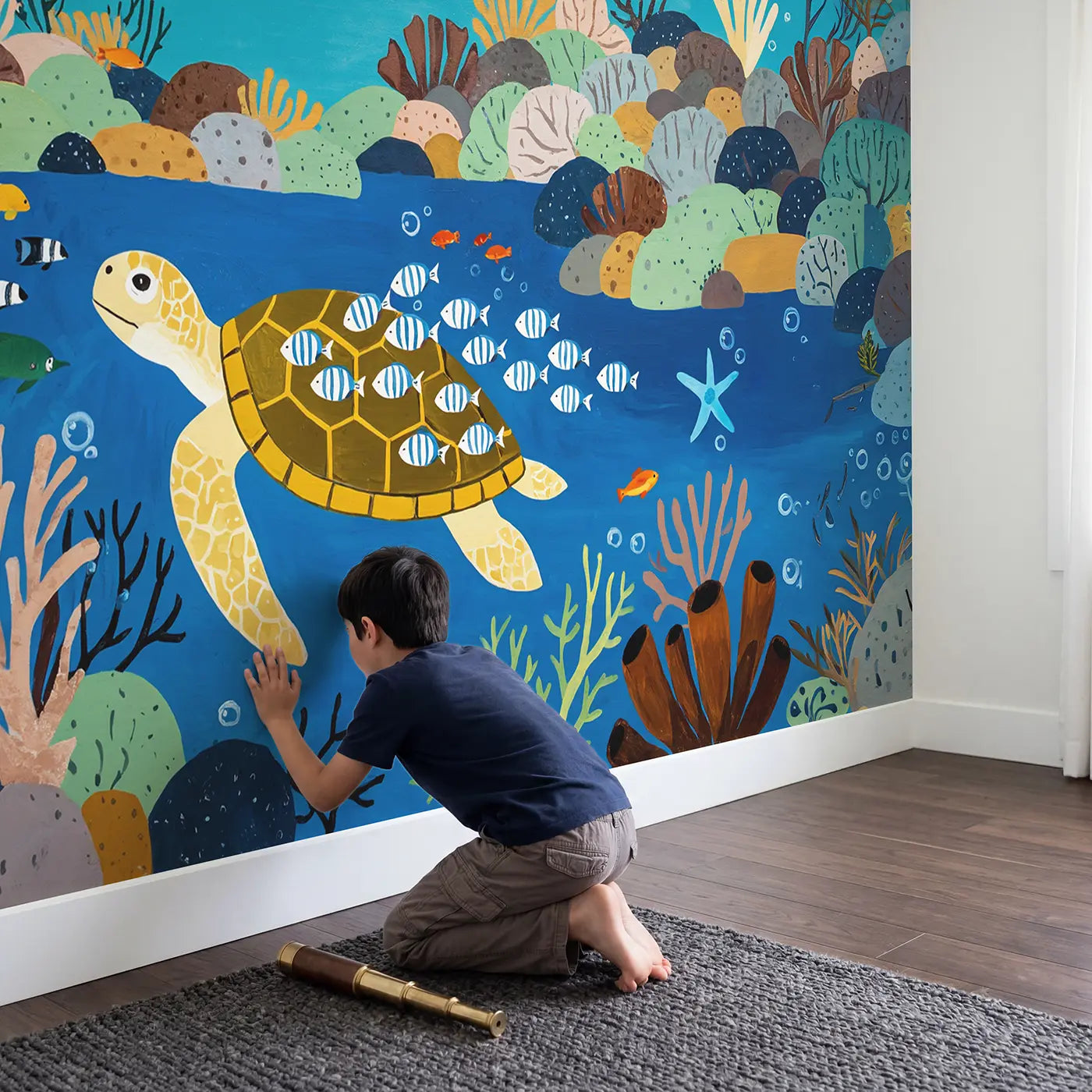 Child in nursery with Sea Turtle Pilot Fish Journey Wallpaper Mural by Whimsy Tots