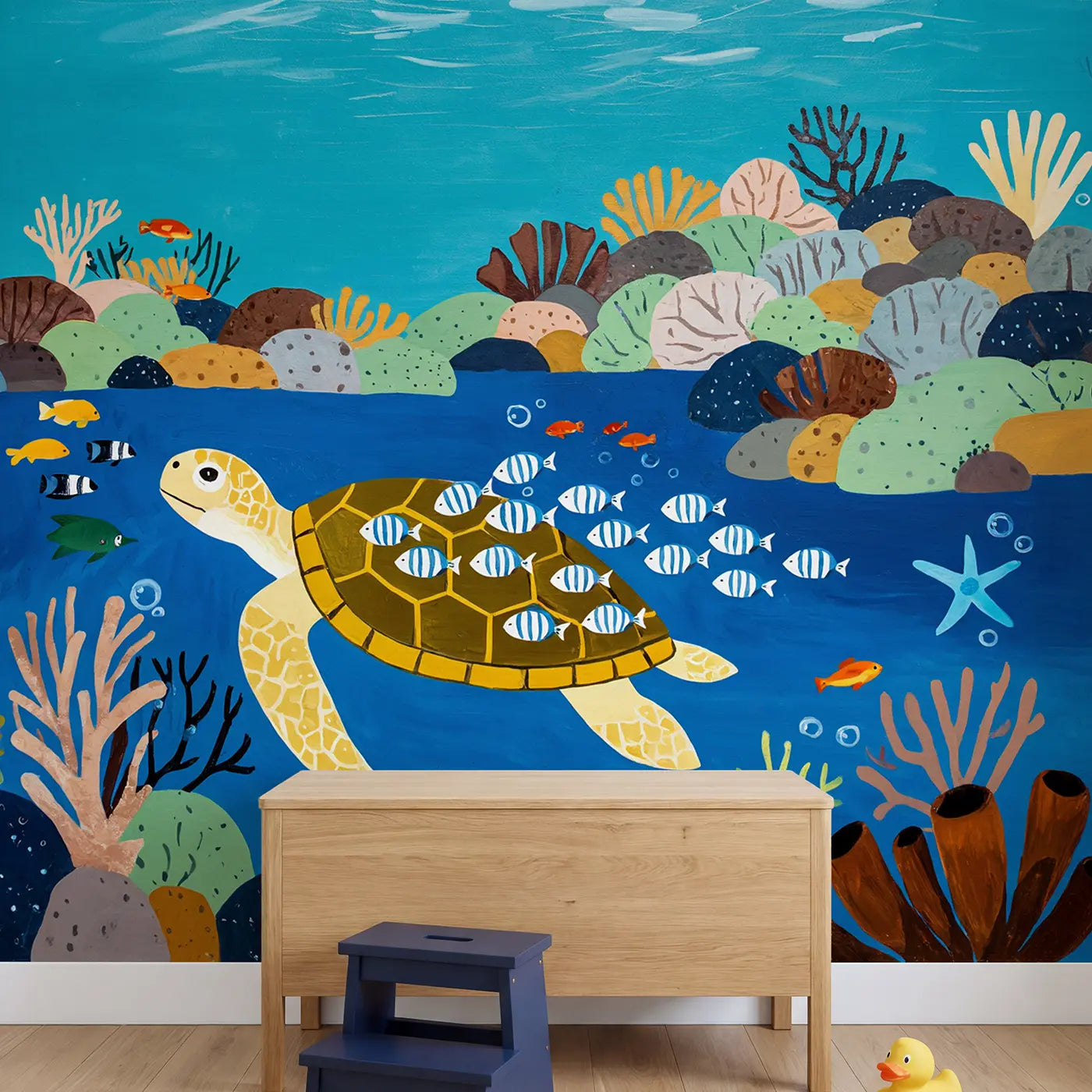 Sea Turtle Pilot Fish Journey Wallpaper Mural in playroom setting by Whimsy Tots