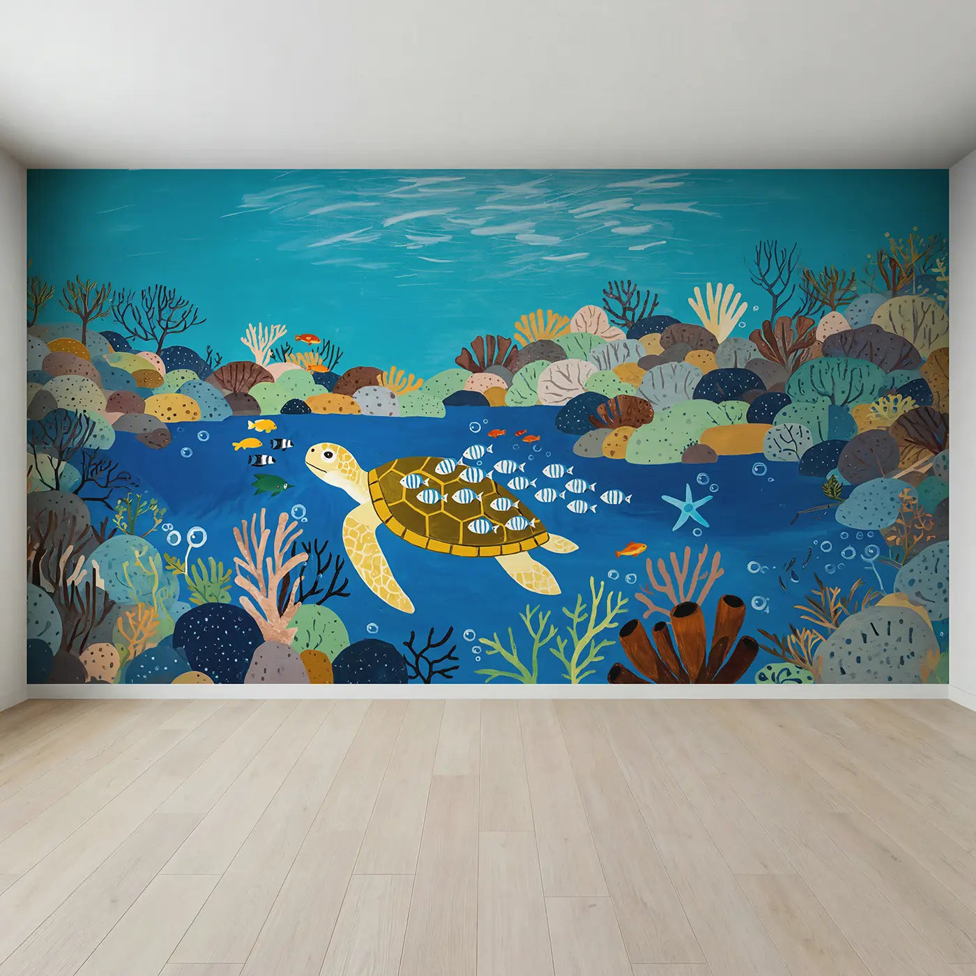 Full view of Sea Turtle Pilot Fish Journey Wallpaper Mural by Whimsy Tots
