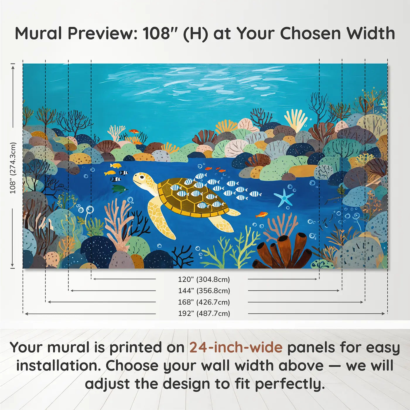 Panel layout and dimensions for Sea Turtle Pilot Fish Journey Wallpaper Mural by Whimsy Tots