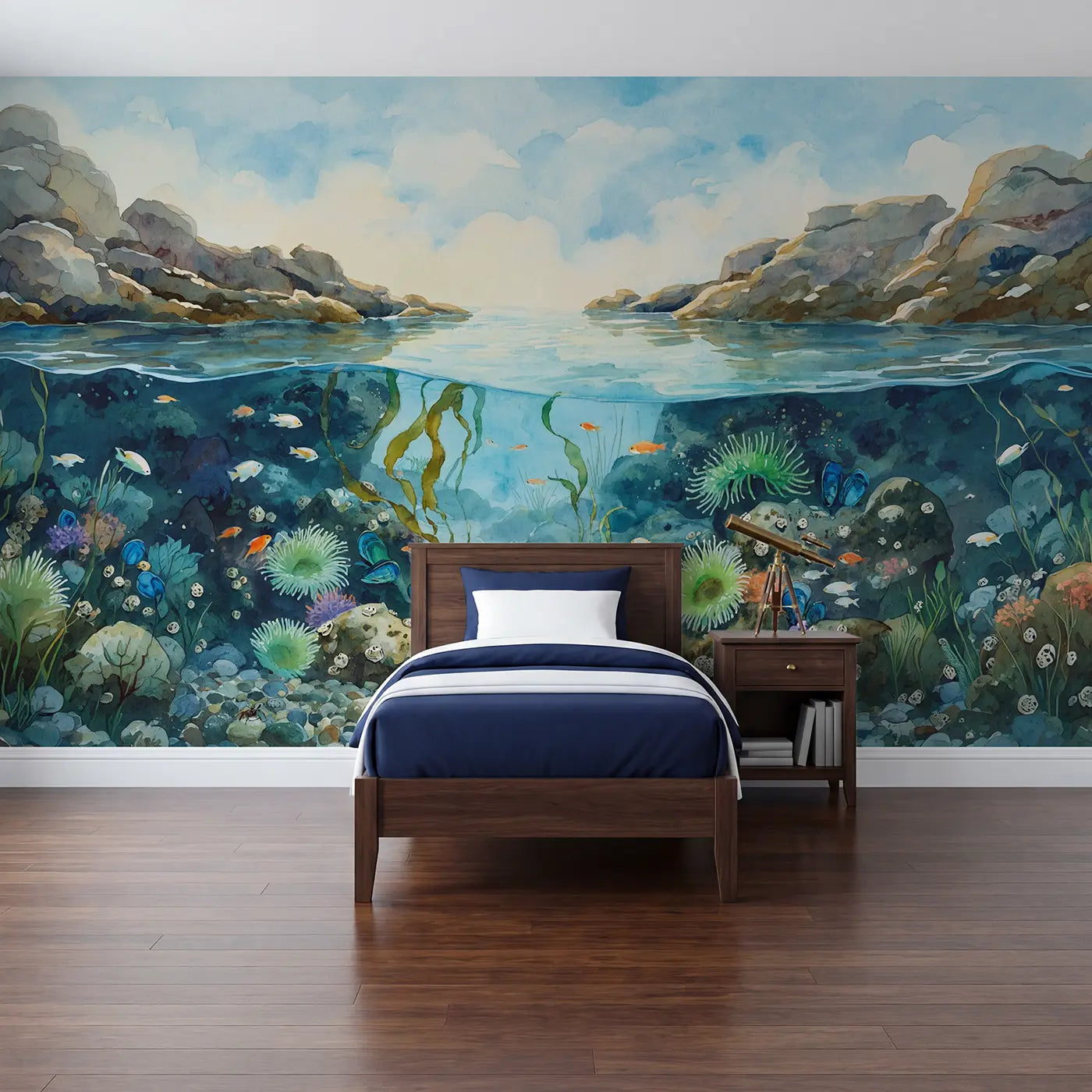 Watercolor tide pool secret world wallpaper mural for kids room by Whimsy Tots
