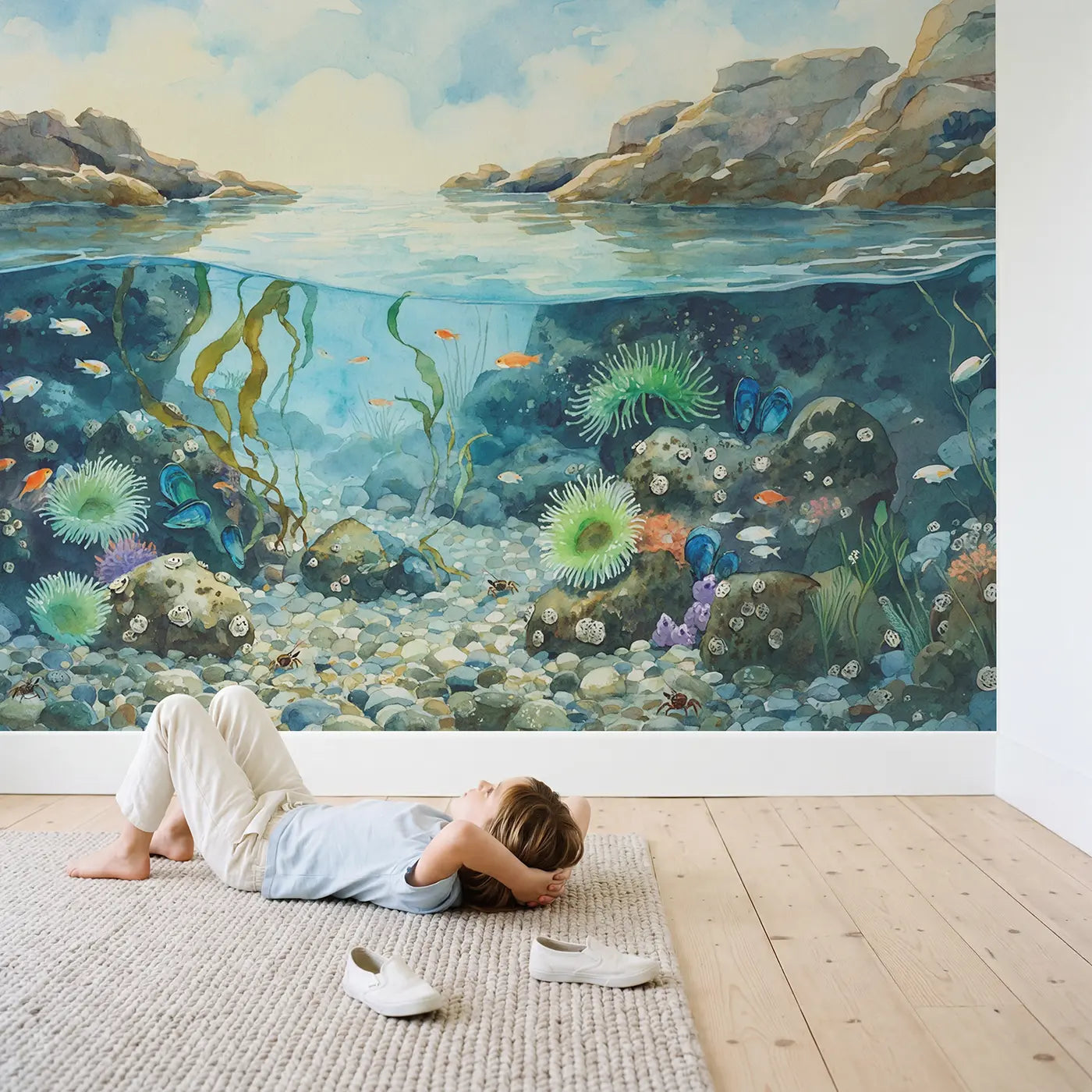 Child in nursery with Tide Pool Secret World Wallpaper Mural by Whimsy Tots