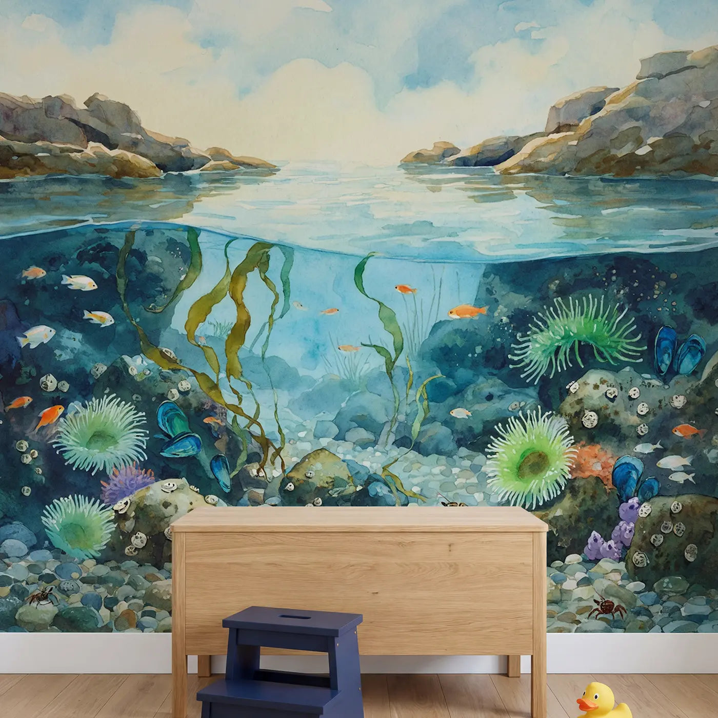 Tide Pool Secret World Wallpaper Mural in playroom setting by Whimsy Tots