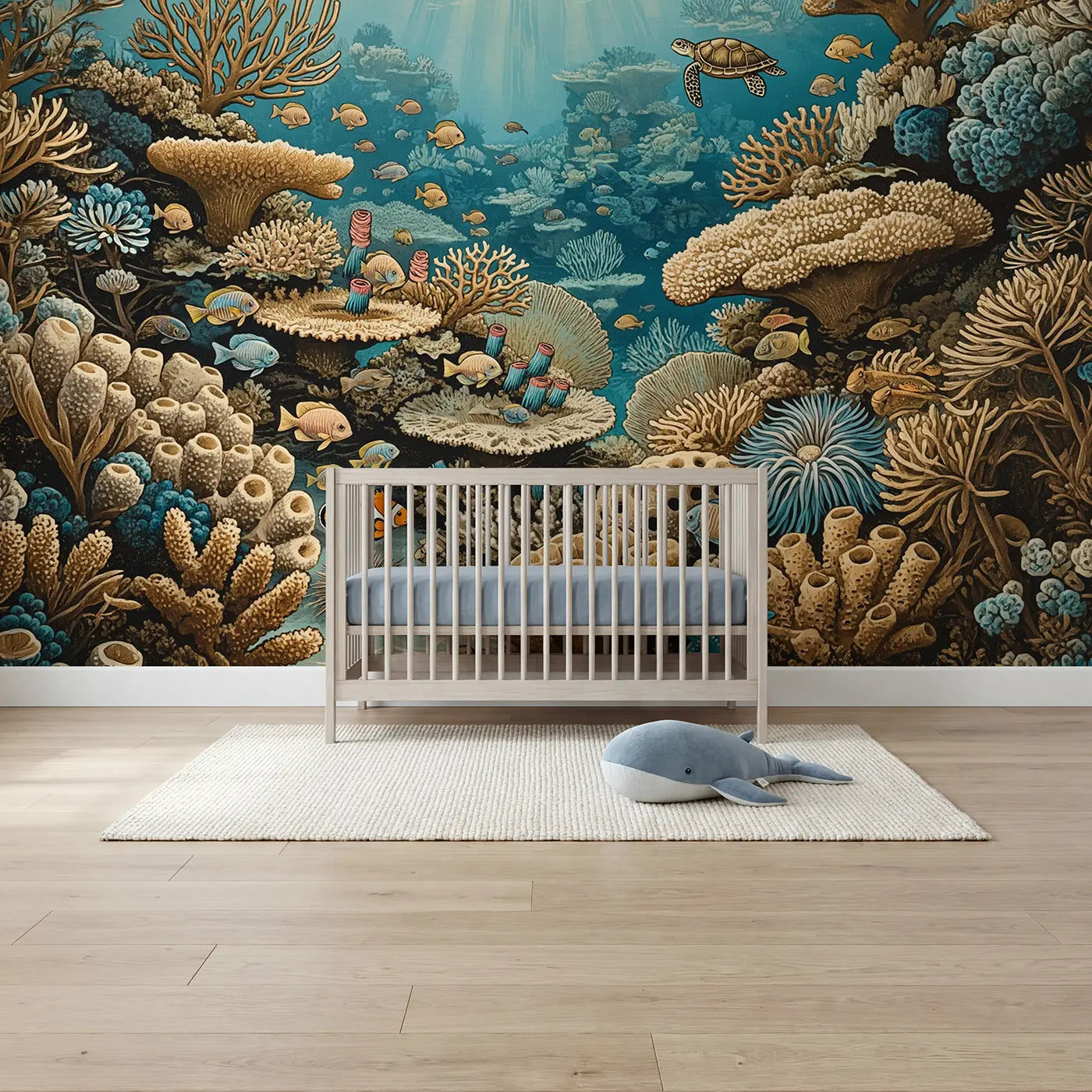 Block print coral reef fish-eye panorama underwater reef wallpaper mural for nursery by Whimsy Tots