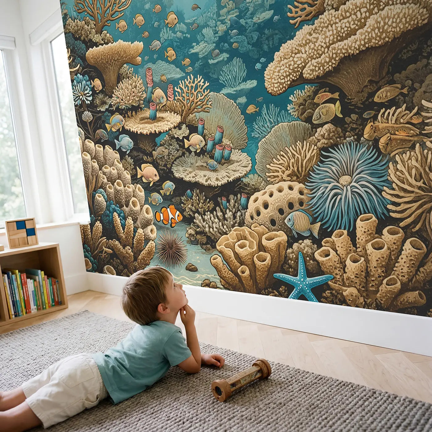 Child in nursery with Fish Eye Reef Panorama Wallpaper Mural by Whimsy Tots