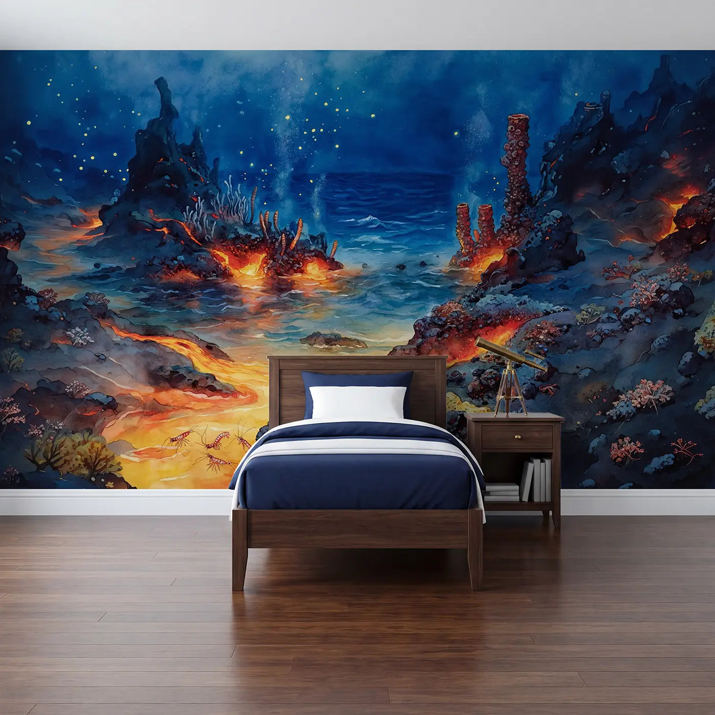 watercolor deep ocean lava glow reef wallpaper mural for kids room by Whimsy Tots